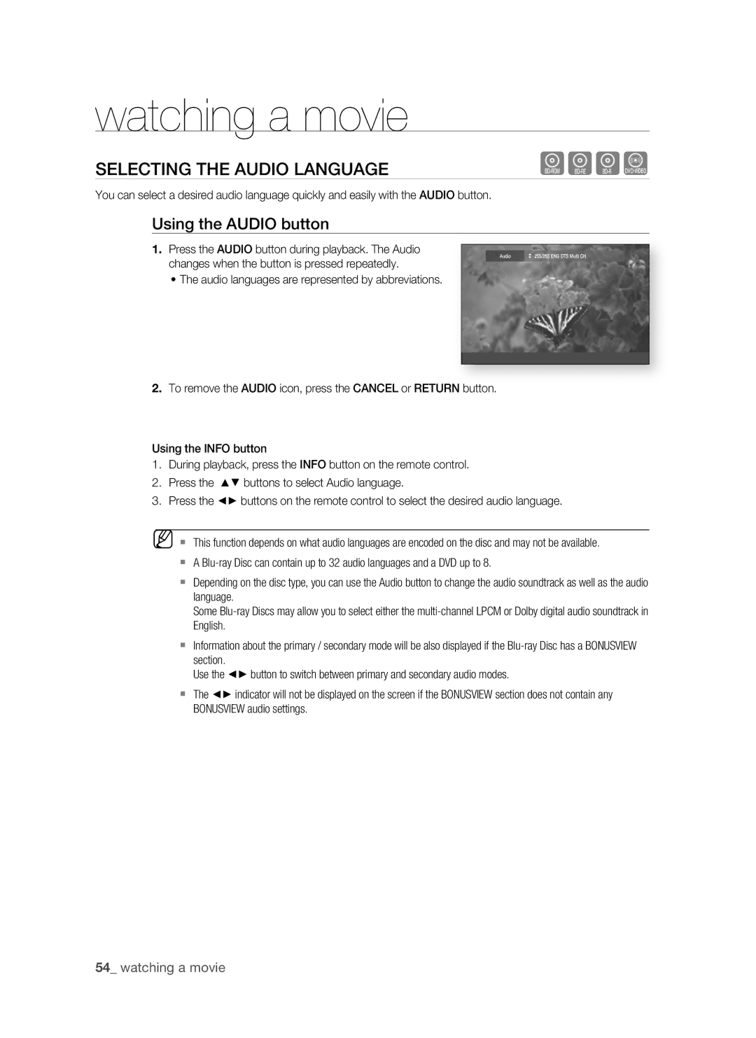 Samsung BD-P1500/MEA, BD-P1500/UMG manual SELECTing the aUDiO LangUagE, Using the aUDiO button,  watching a movie 