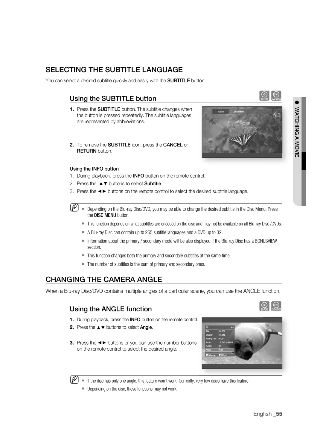 Samsung BD-P1500/UMG, BD-P1500/MEA SELECTing the SUBTiTLE LangUagE, CHanging the CaMEra angLE, Using the angLE function 