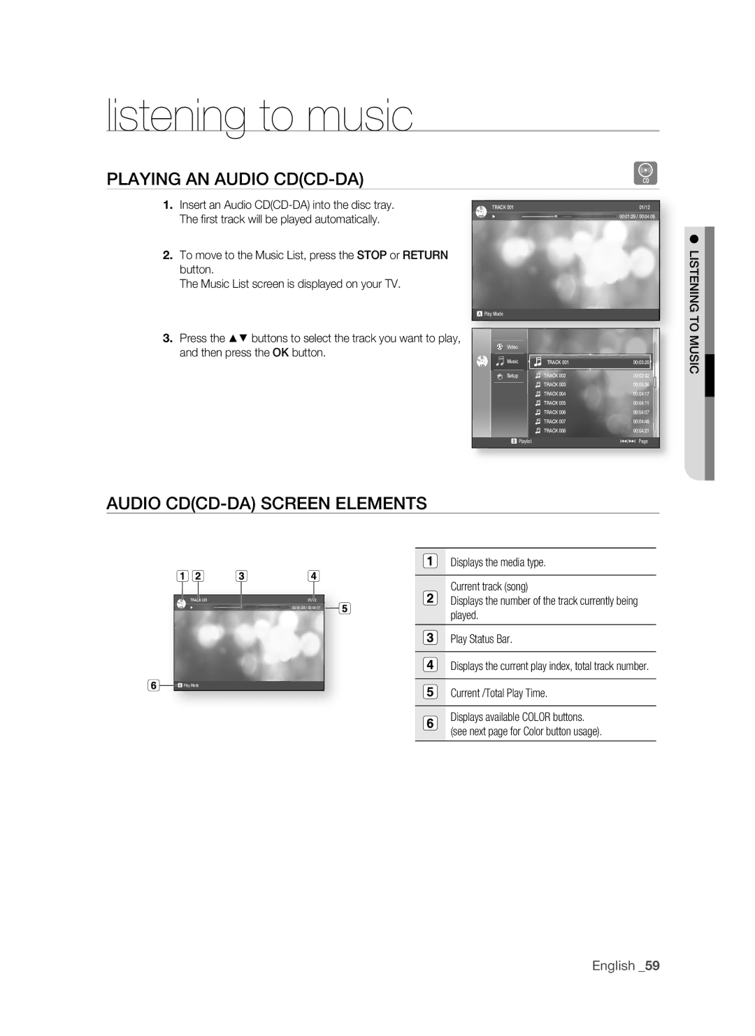 Samsung BD-P1500/UMG Listening to music, PLaying an aUDiO CDCD-Da, AUDiO CDCD-Da SCrEEn ELEMEnTS, Current /Total Play Time 