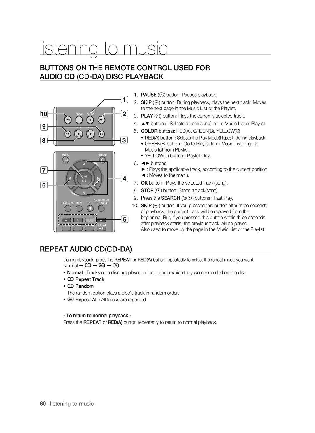 Samsung BD-P1500/MEA, BD-P1500/UMG manual Repeat Audio CDCD-DA, Listening to music 