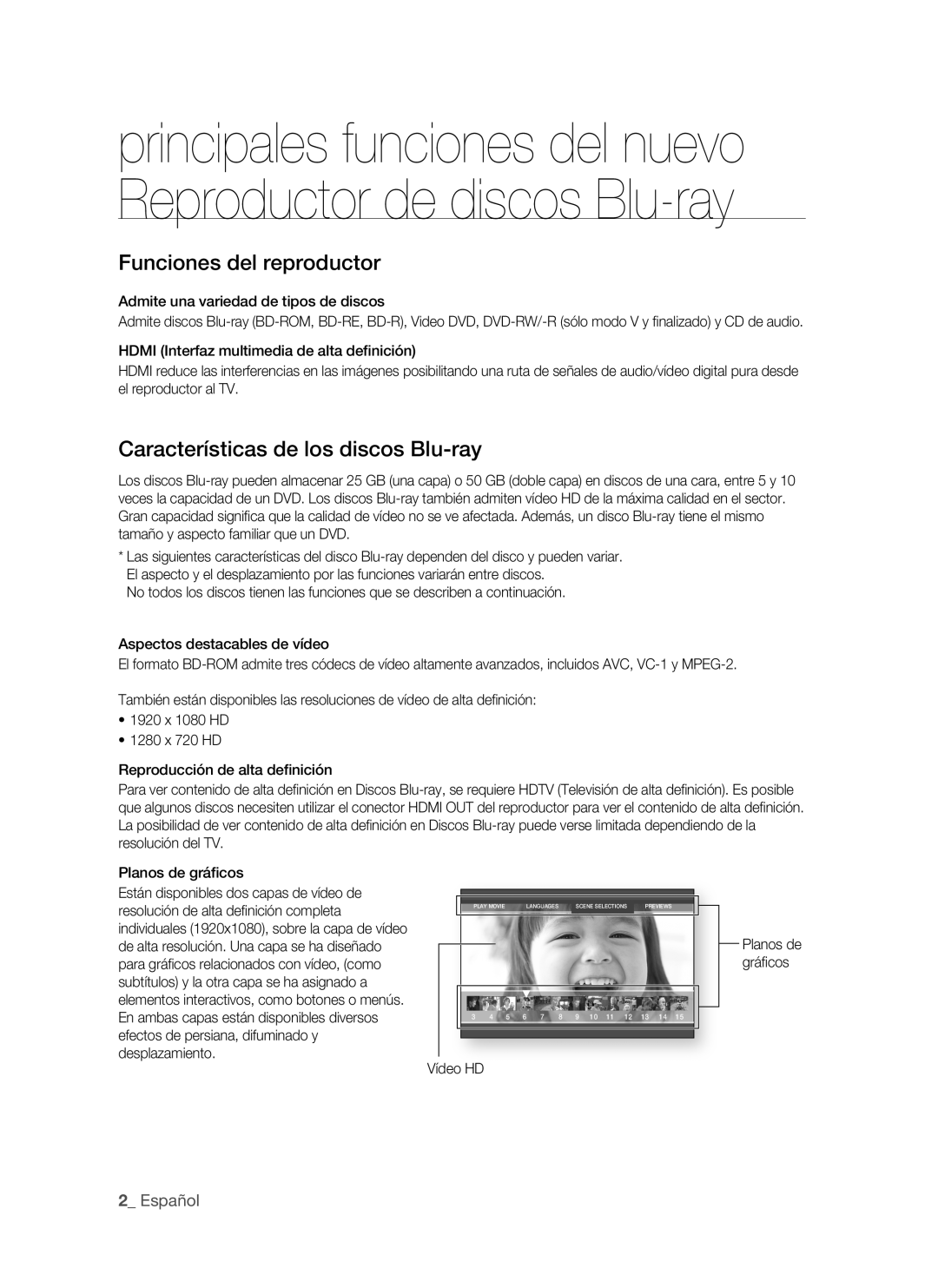 Samsung BD-P1500/UMG, BD-P1500/MEA Funciones del reproductor, Características de los discos Blu-ray, Español, Vídeo HD 