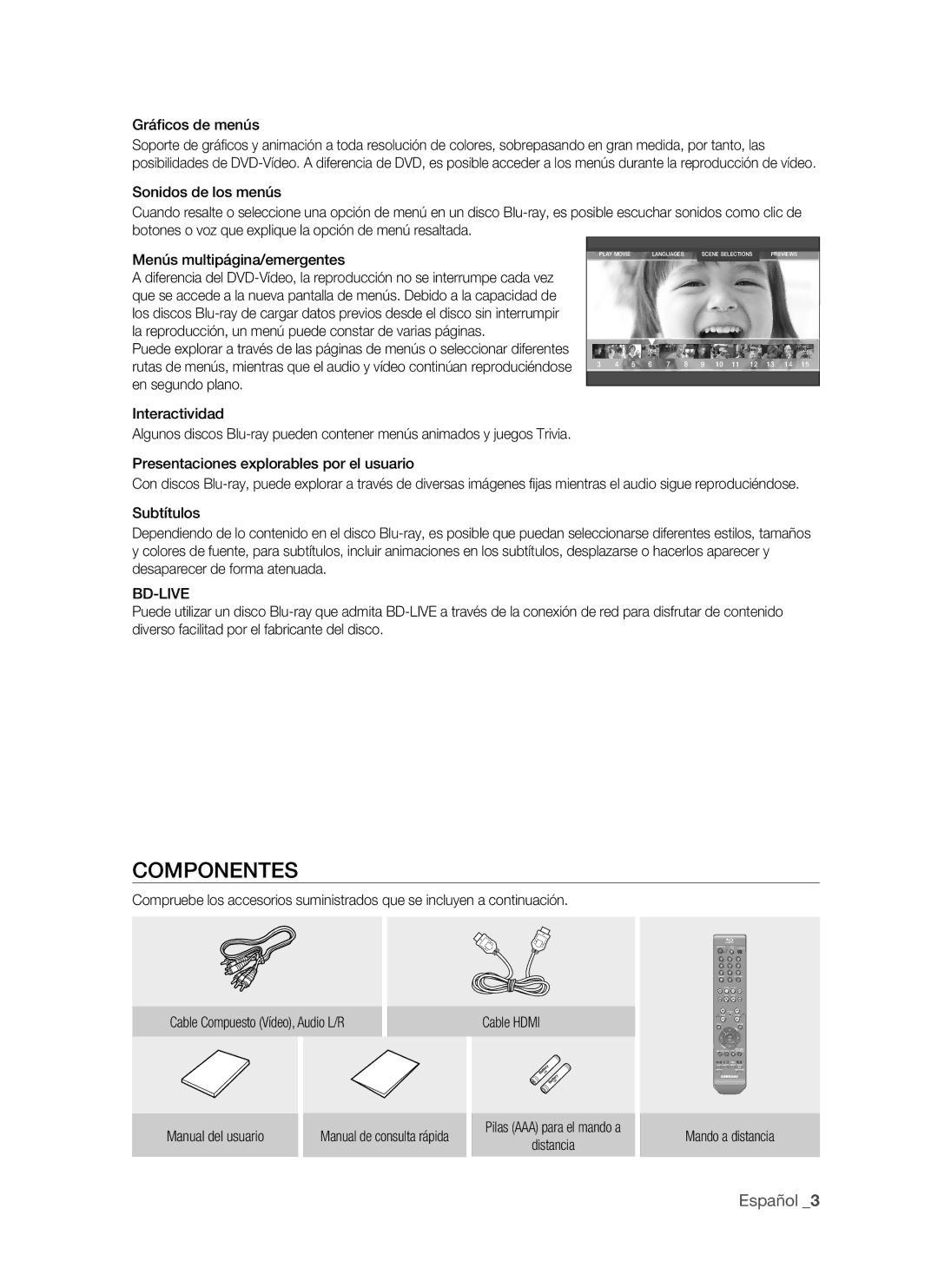 Samsung BD-P1500/MEA, BD-P1500/UMG manual COMPOnenteS, Gráficos de menús, Menús multipágina/emergentes 