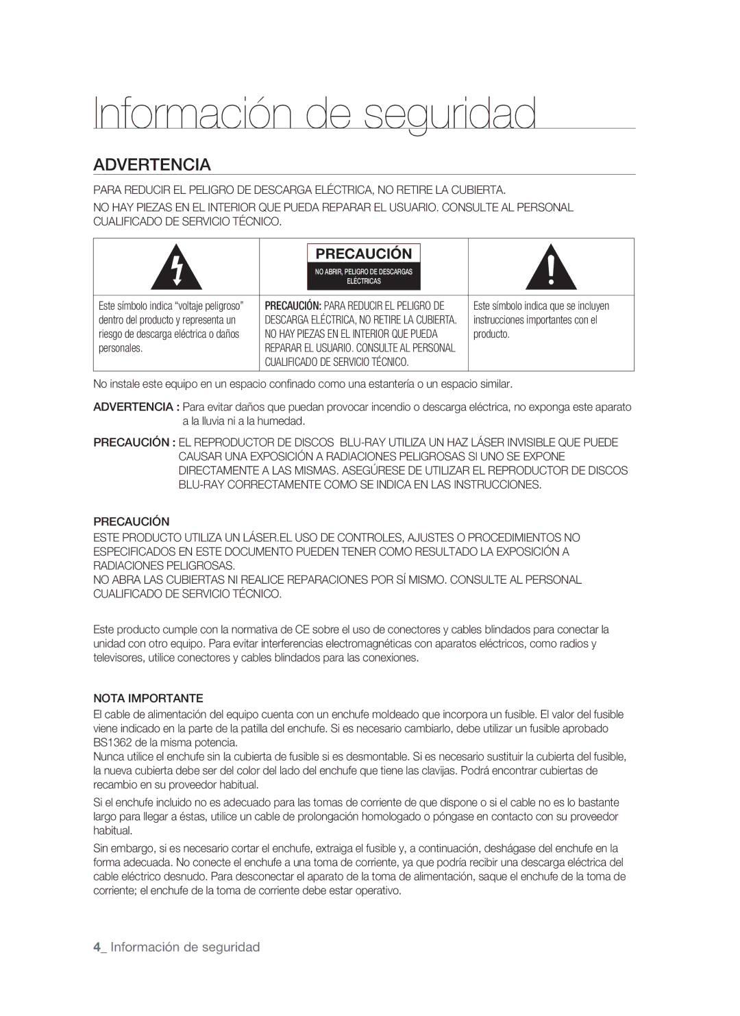 Samsung BD-P1500/UMG, BD-P1500/MEA manual Advertencia,  Información de seguridad, Nota Importante 