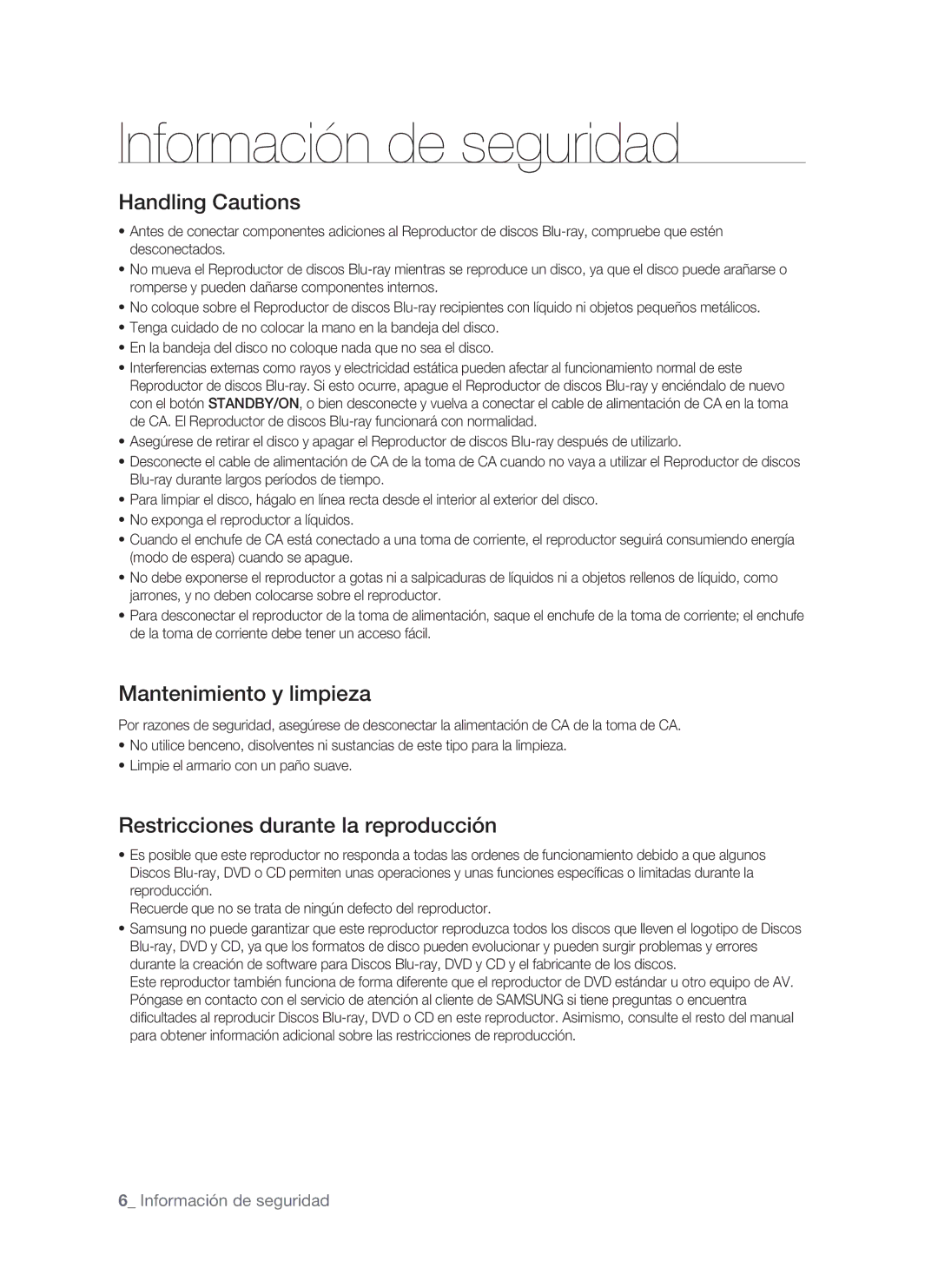 Samsung BD-P1500/UMG, BD-P1500/MEA manual Mantenimiento y limpieza, Restricciones durante la reproducción 