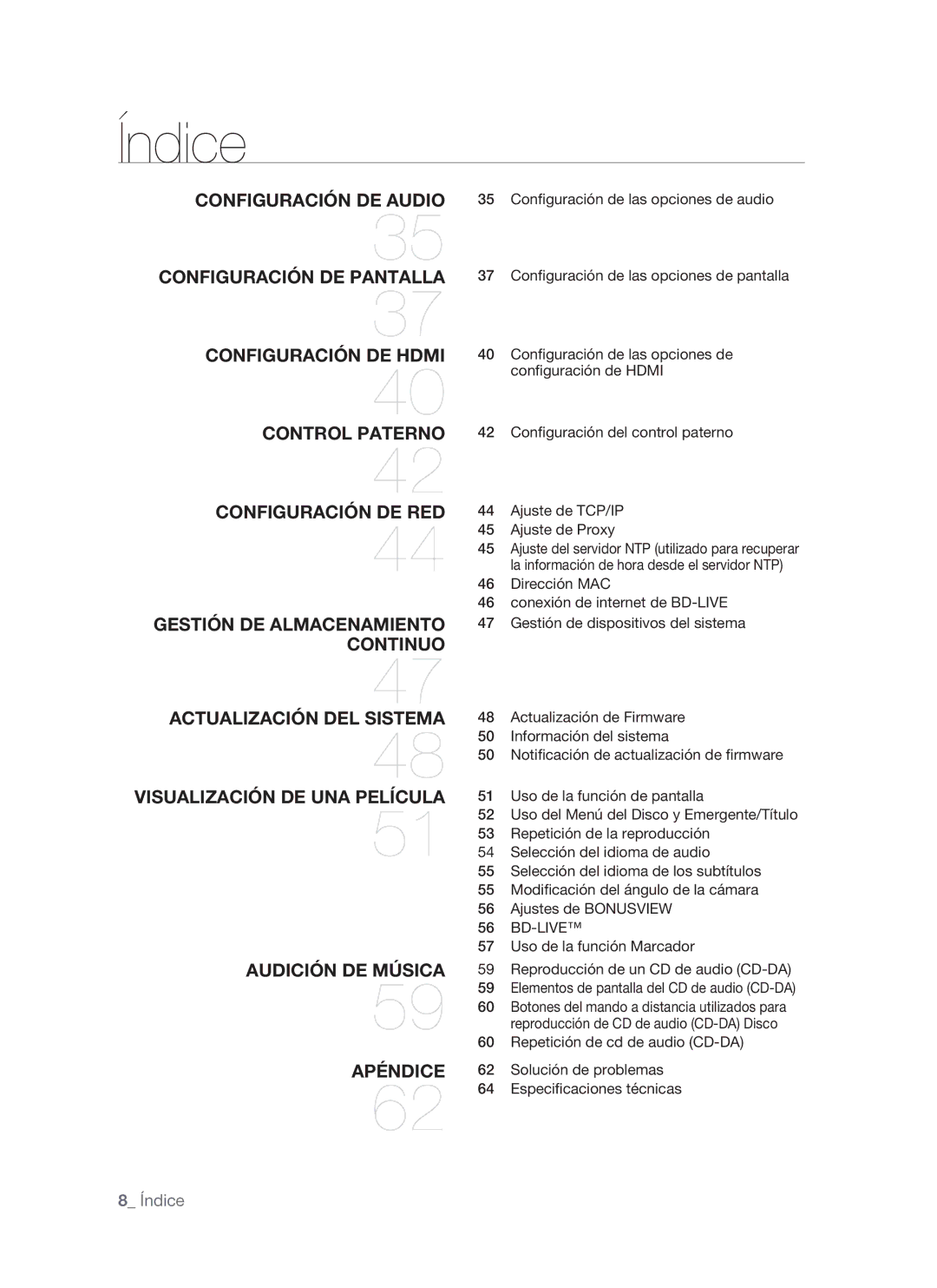 Samsung BD-P1500/UMG, BD-P1500/MEA manual  Índice, Bd-Live 