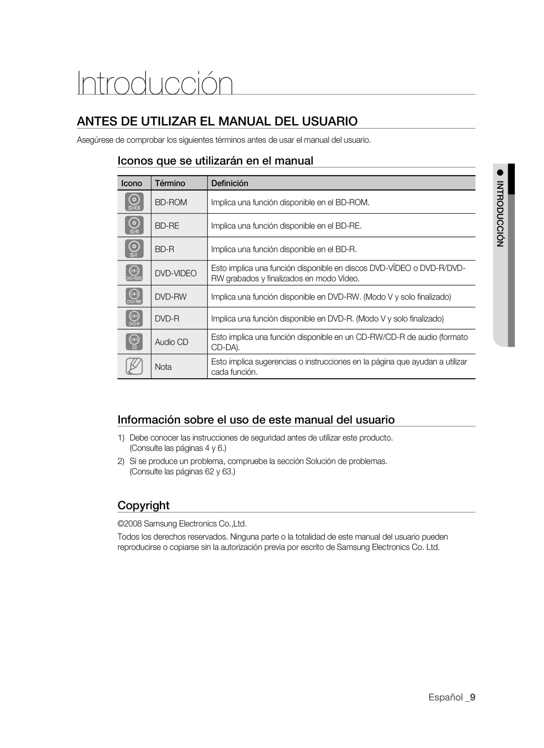 Samsung BD-P1500/MEA Introducción, Antes de utilizar el Manual del usuario, Iconos que se utilizarán en el manual 