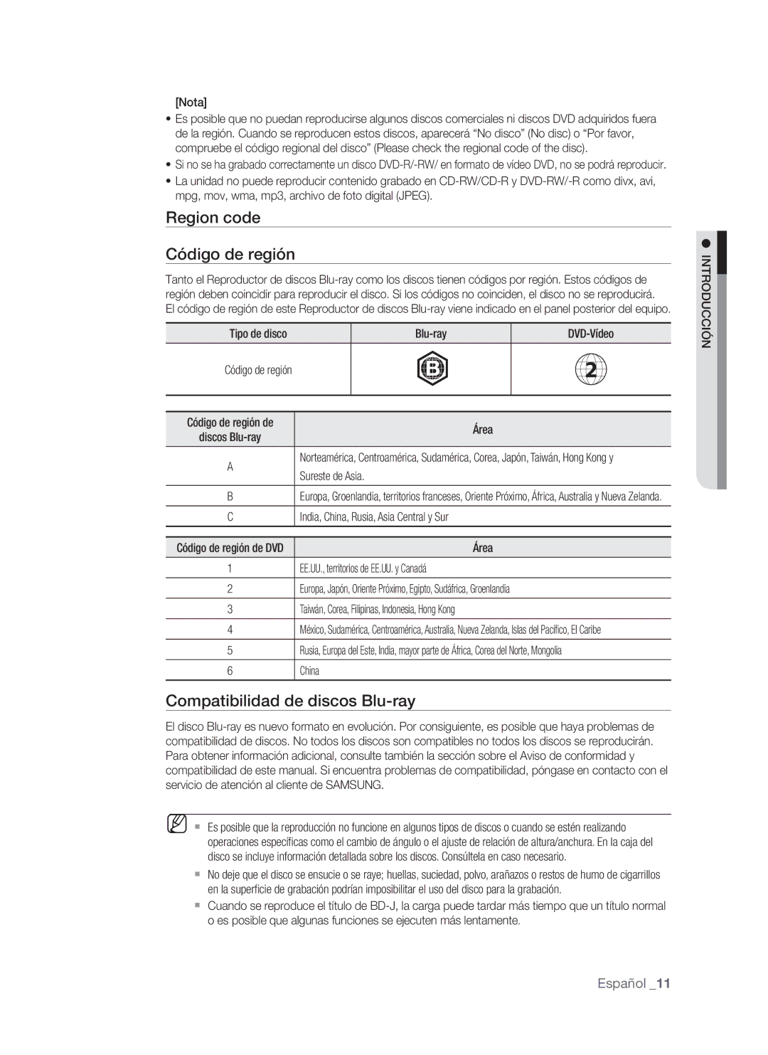 Samsung BD-P1500/MEA, BD-P1500/UMG manual Region code Código de región, Compatibilidad de discos Blu-ray 