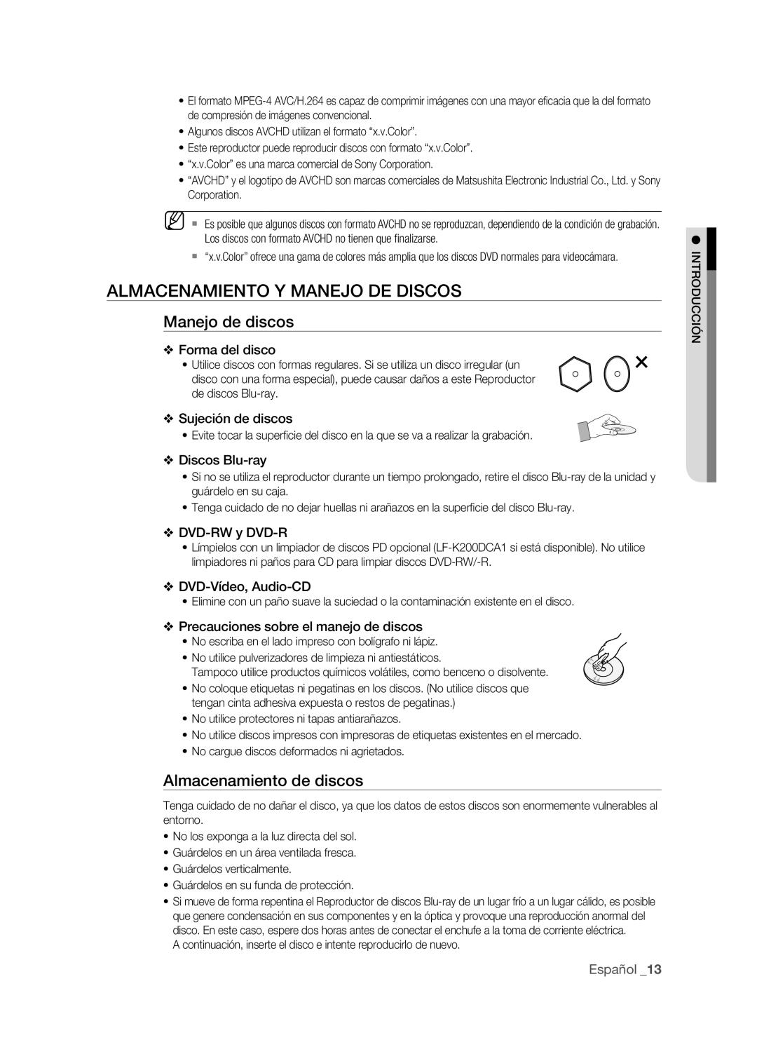 Samsung BD-P1500/MEA, BD-P1500/UMG manual Almacenamiento y manejo de discos, Manejo de discos, Almacenamiento de discos 