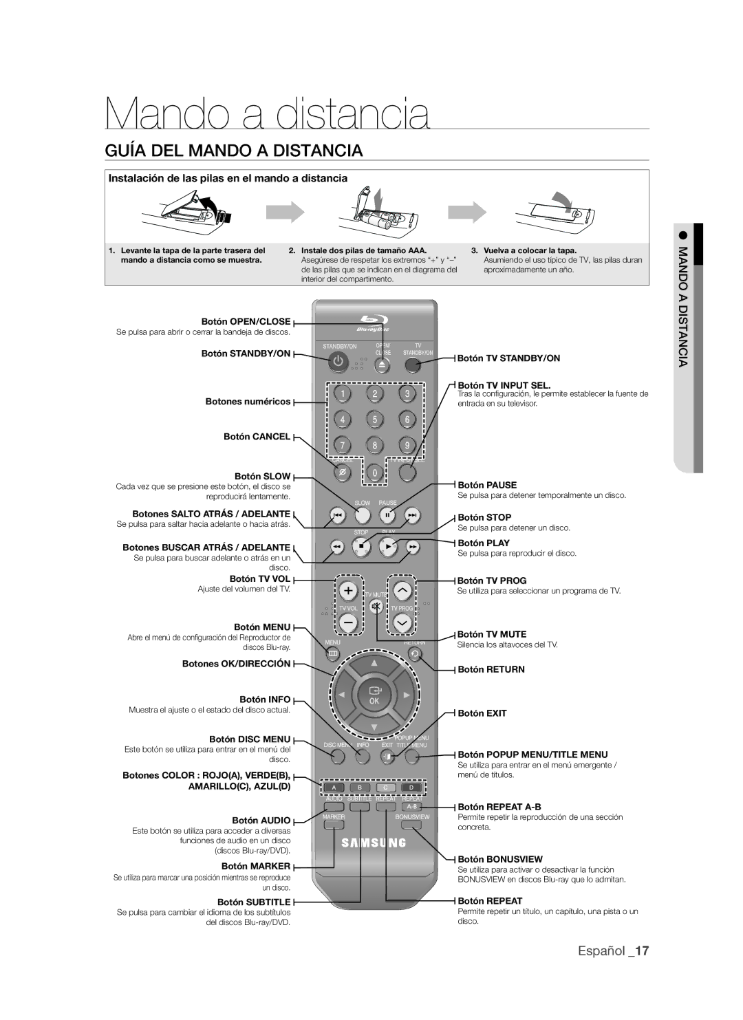 Samsung BD-P1500/MEA, BD-P1500/UMG manual Mando a distancia, Guía deL MAndO a diStAnciA 