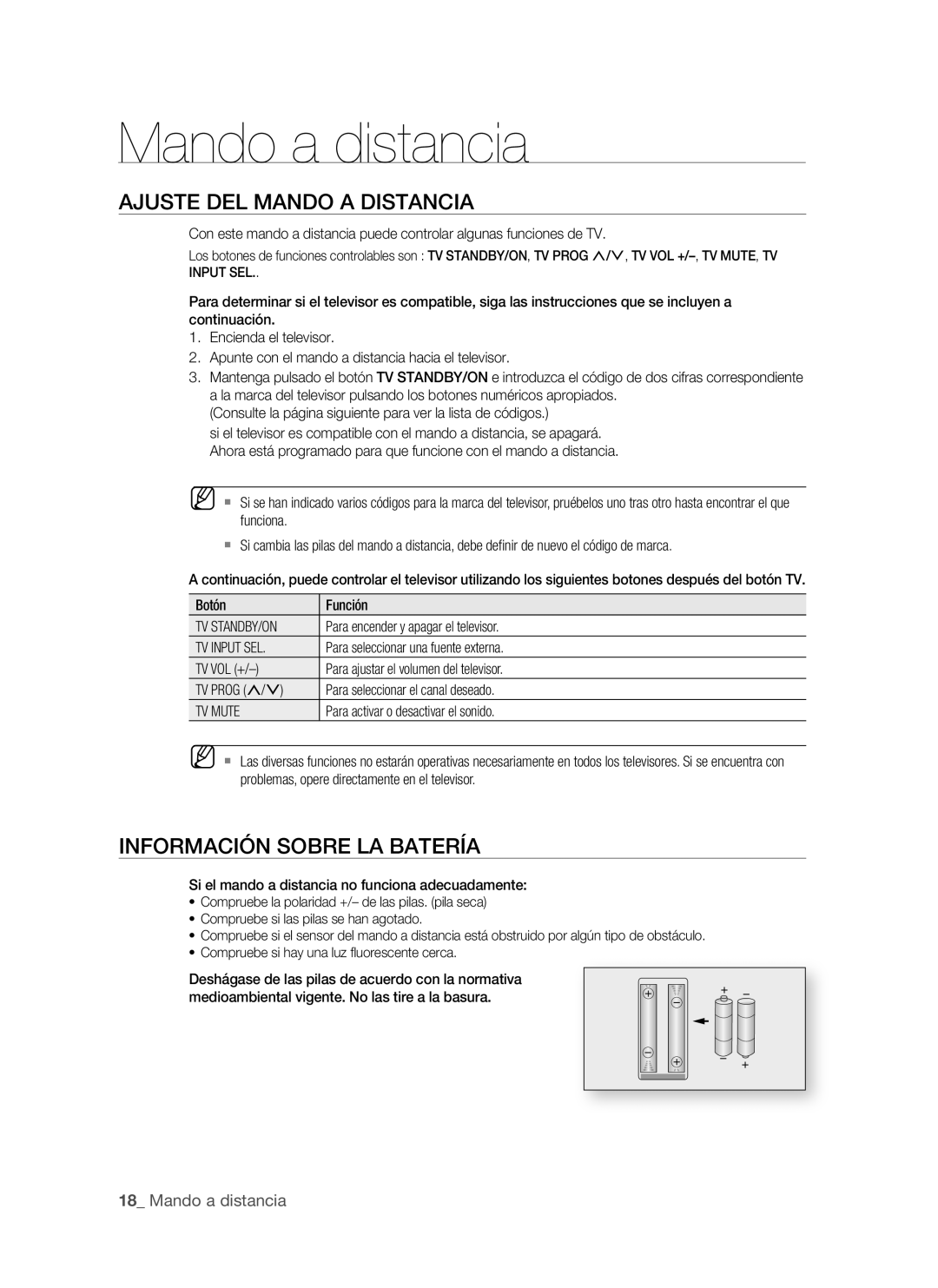 Samsung BD-P1500/UMG, BD-P1500/MEA manual AjUSte deL MAndO a diStAnciA, InfOrMAciÓn SOBre LA BAterÍA,  Mando a distancia 