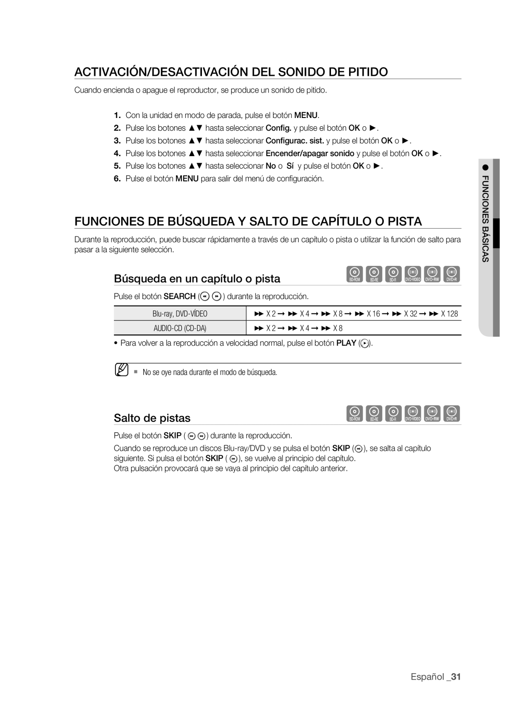 Samsung BD-P1500/MEA Activación/desactivación del sonido de pitido, Funciones de búsqueda y salto de capítulo o pista 