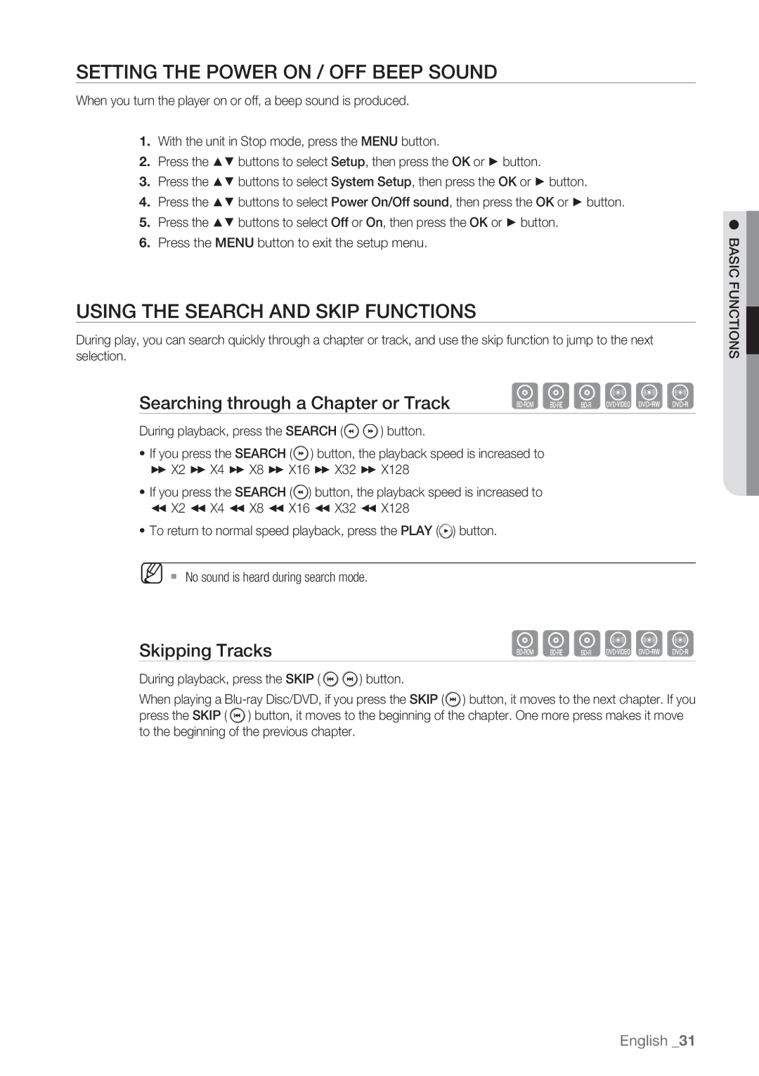 Samsung BD-P1500/SAM manual Setting the Power On / Off Beep sound, Using the Search and Skip Functions, Skipping Tracks 