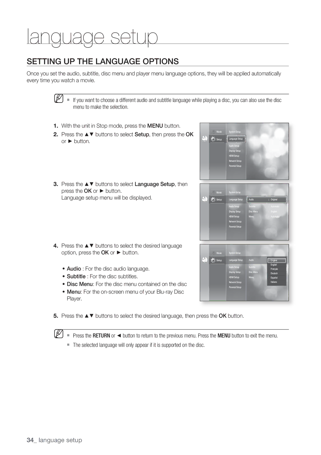 Samsung BD-P1500/SAM manual Language setup, Setting up the Language Options 