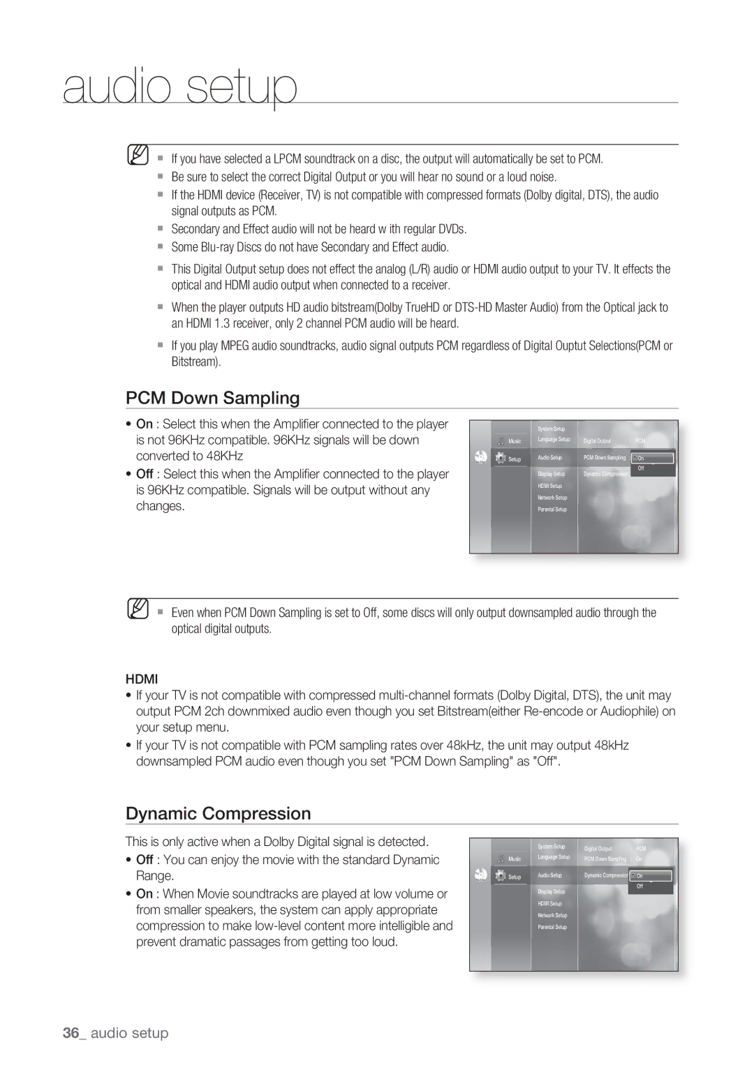 Samsung BD-P1500/SAM manual PCM Down Sampling, Dynamic Compression, Hdmi 