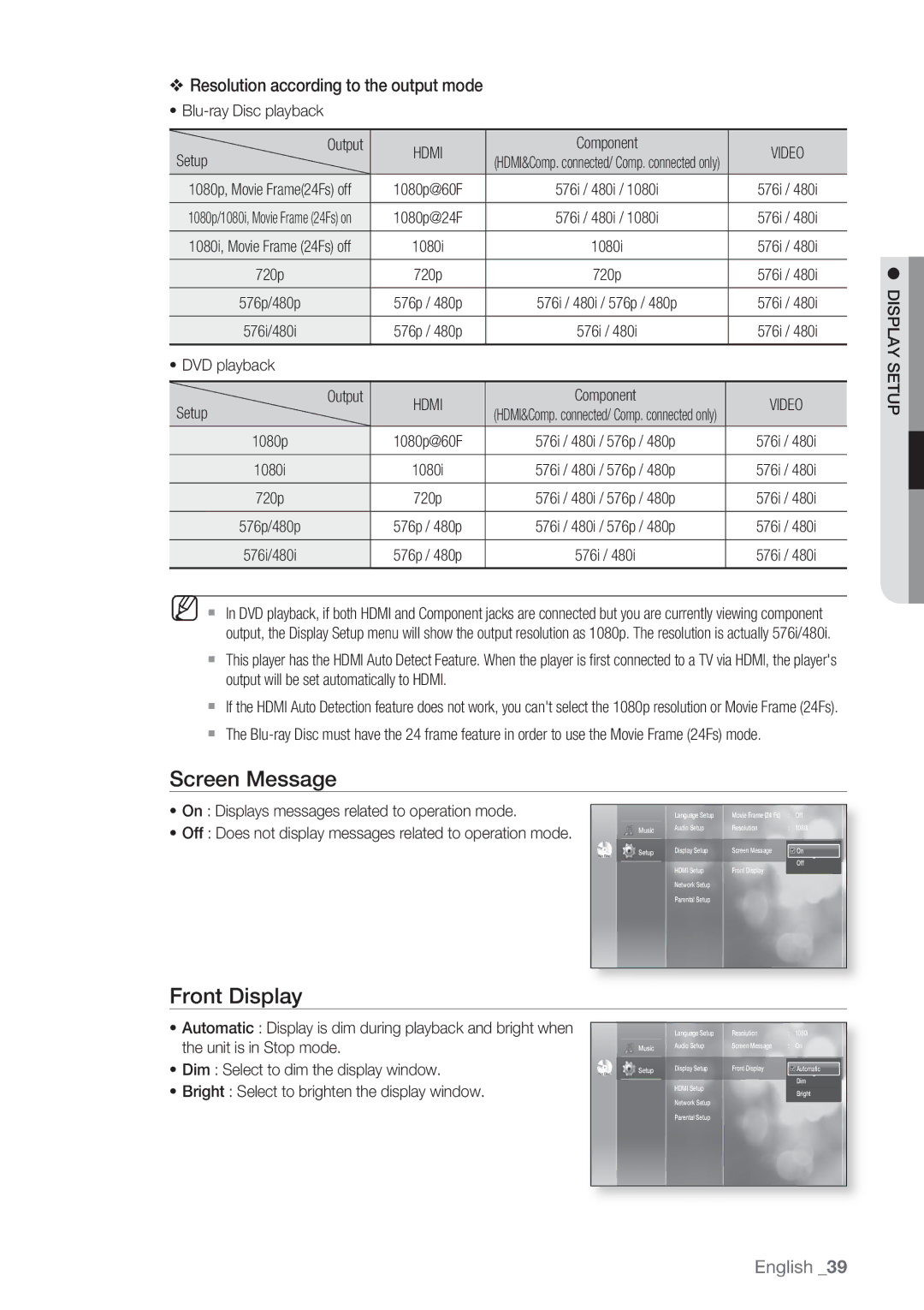 Samsung BD-P1500/SAM manual Screen Message, Front Display 