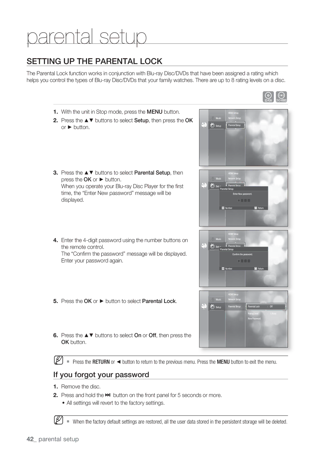 Samsung BD-P1500/SAM manual Parental setup, Setting up the Parental Lock, If you forgot your password 