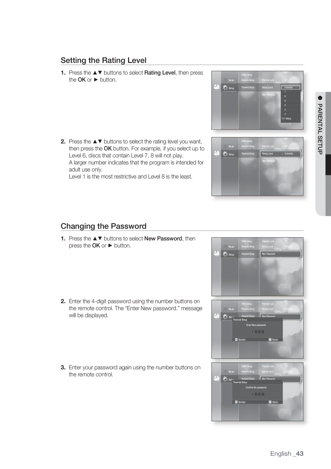 Samsung BD-P1500/SAM manual Setting the Rating Level, Changing the Password, Setup parental 