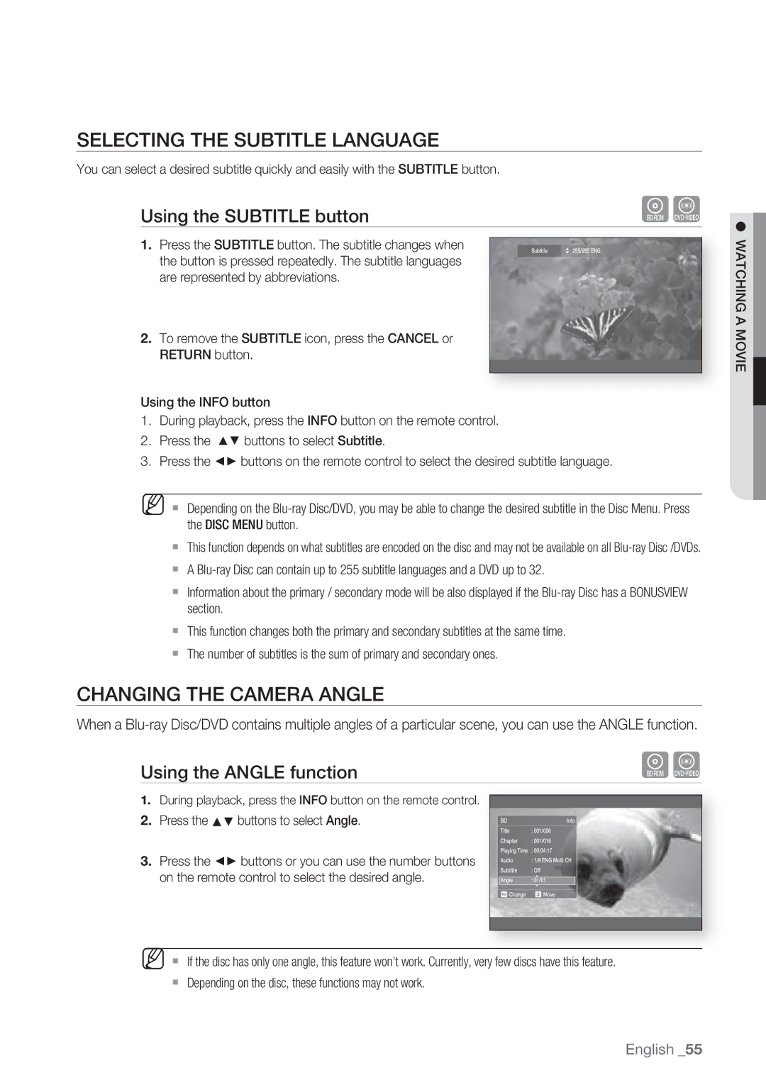 Samsung BD-P1500/SAM manual Selecting the Subtitle Language, Changing the Camera Angle, Using the Subtitle button, Amovie 