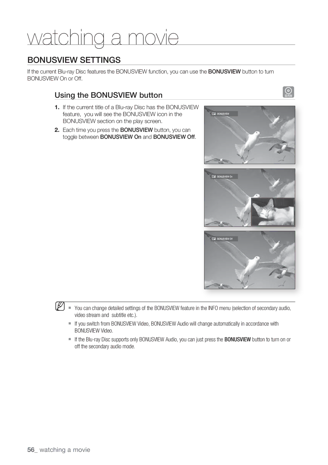 Samsung BD-P1500/SAM manual Bonusview Settings, Using the Bonusview button, Bonusview section on the play screen 