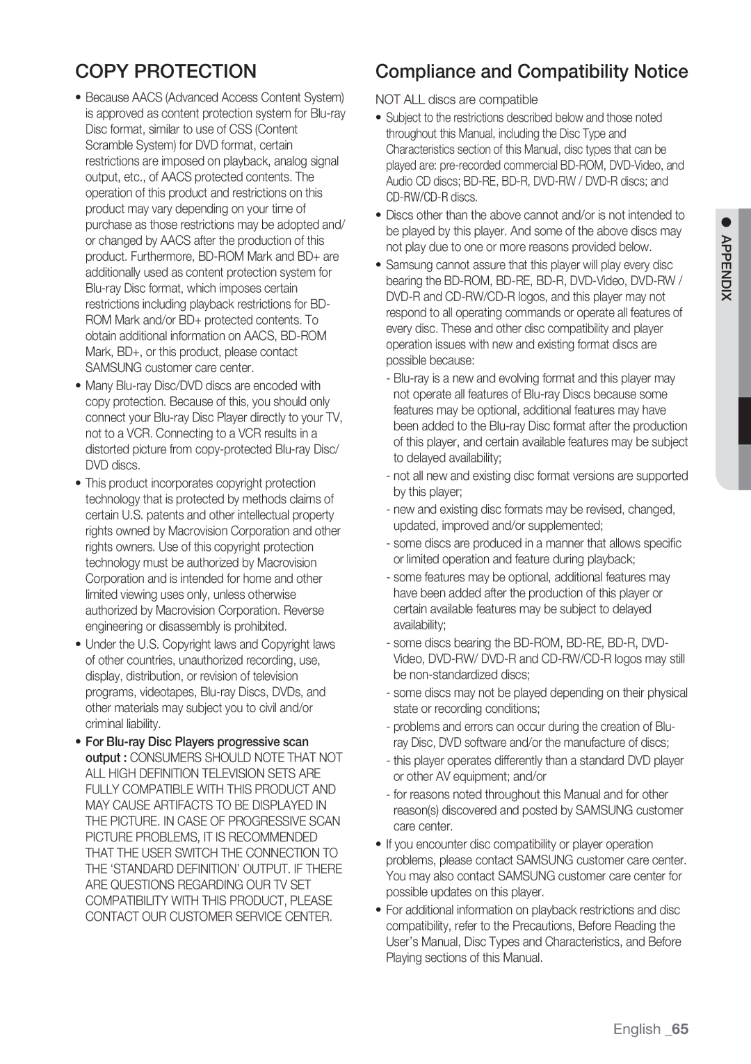 Samsung BD-P1500/SAM manual Compliance and Compatibility Notice, Not ALL discs are compatible, Appendi 