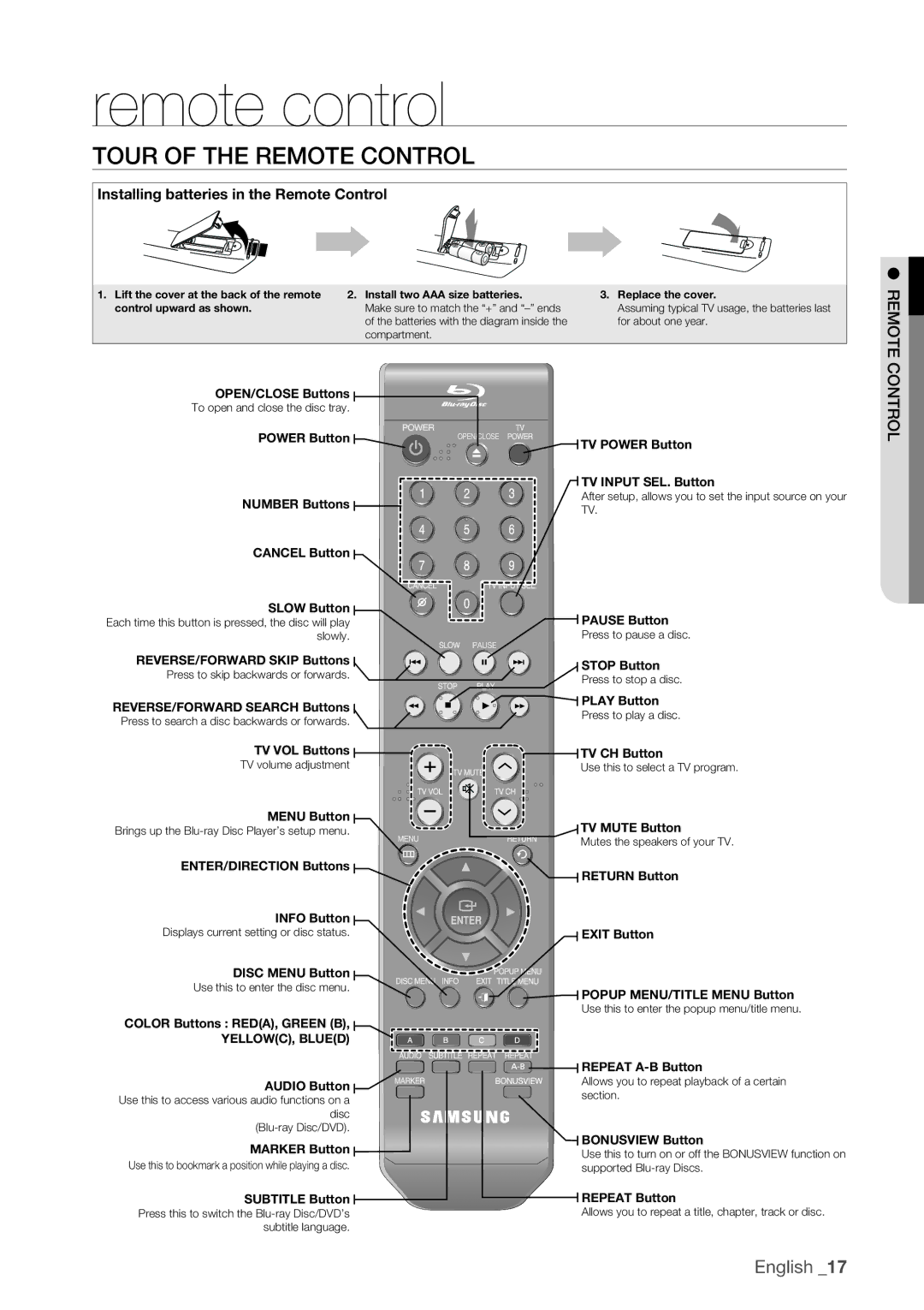 Samsung BD-P1500/XEE manual Remote control, Tour of the Remote Control 