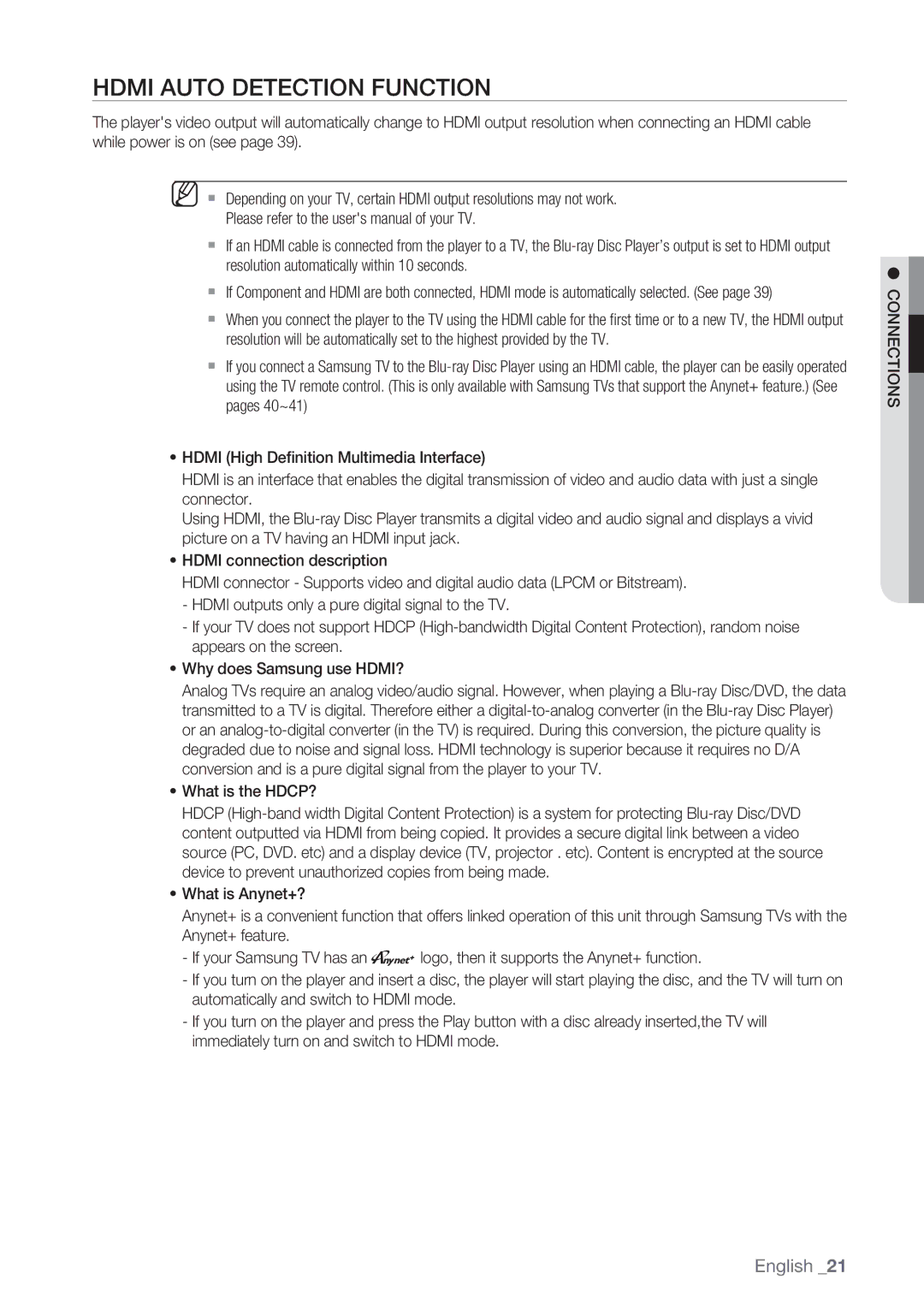 Samsung BD-P1500/XEE manual Hdmi Auto Detection Function, ~ What is the HDCP? 