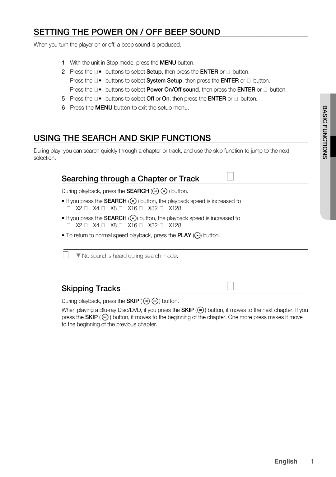 Samsung BD-P1500/XEE manual Setting the Power On / Off Beep sound, Using the Search and Skip Functions, Skipping Tracks 