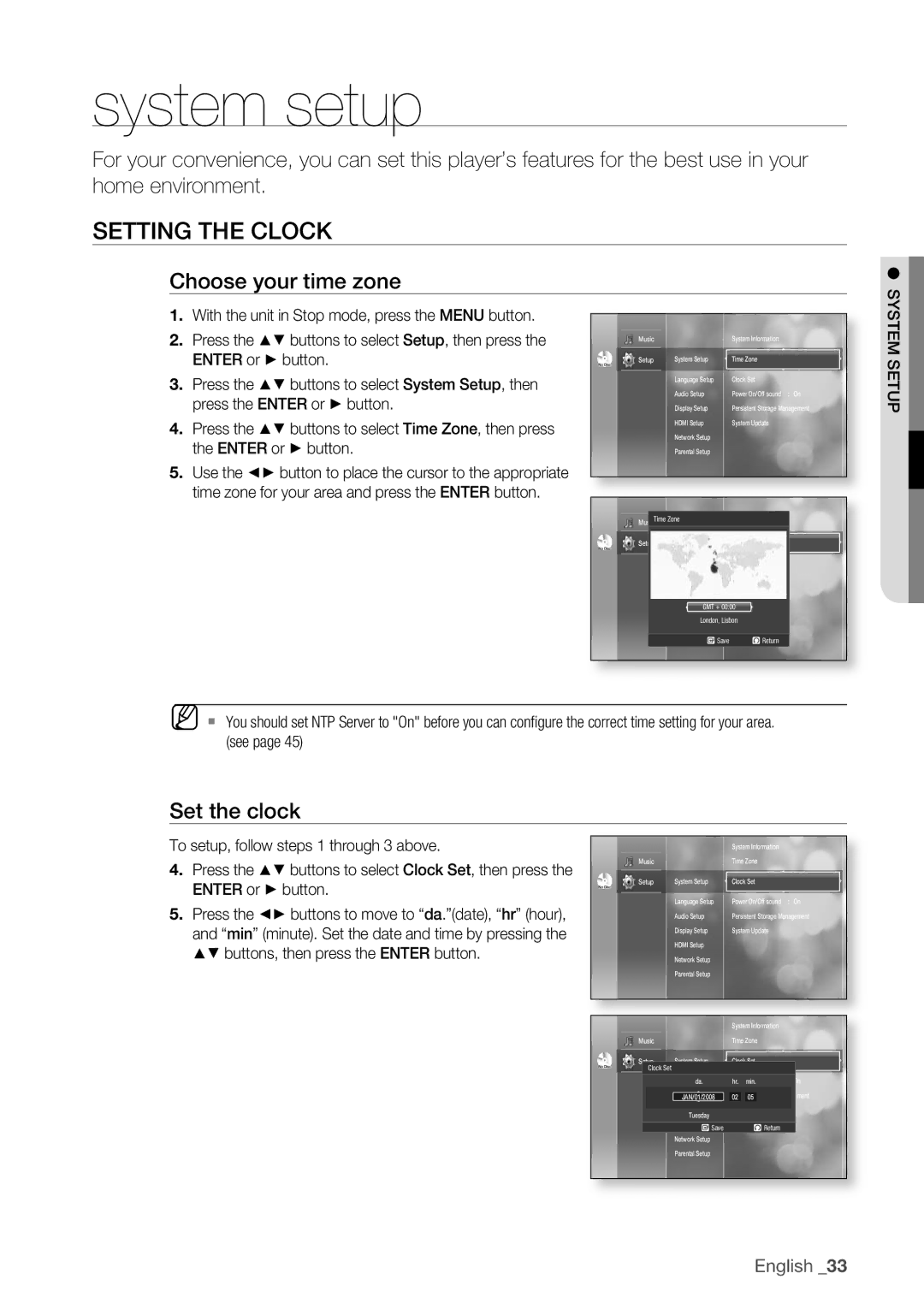 Samsung BD-P1500/XEE manual System setup, Setting the Clock, Choose your time zone, Set the clock 