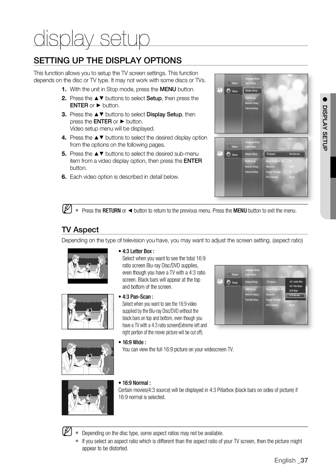 Samsung BD-P1500/XEE manual Display setup, Setting up the display Options, TV Aspect 