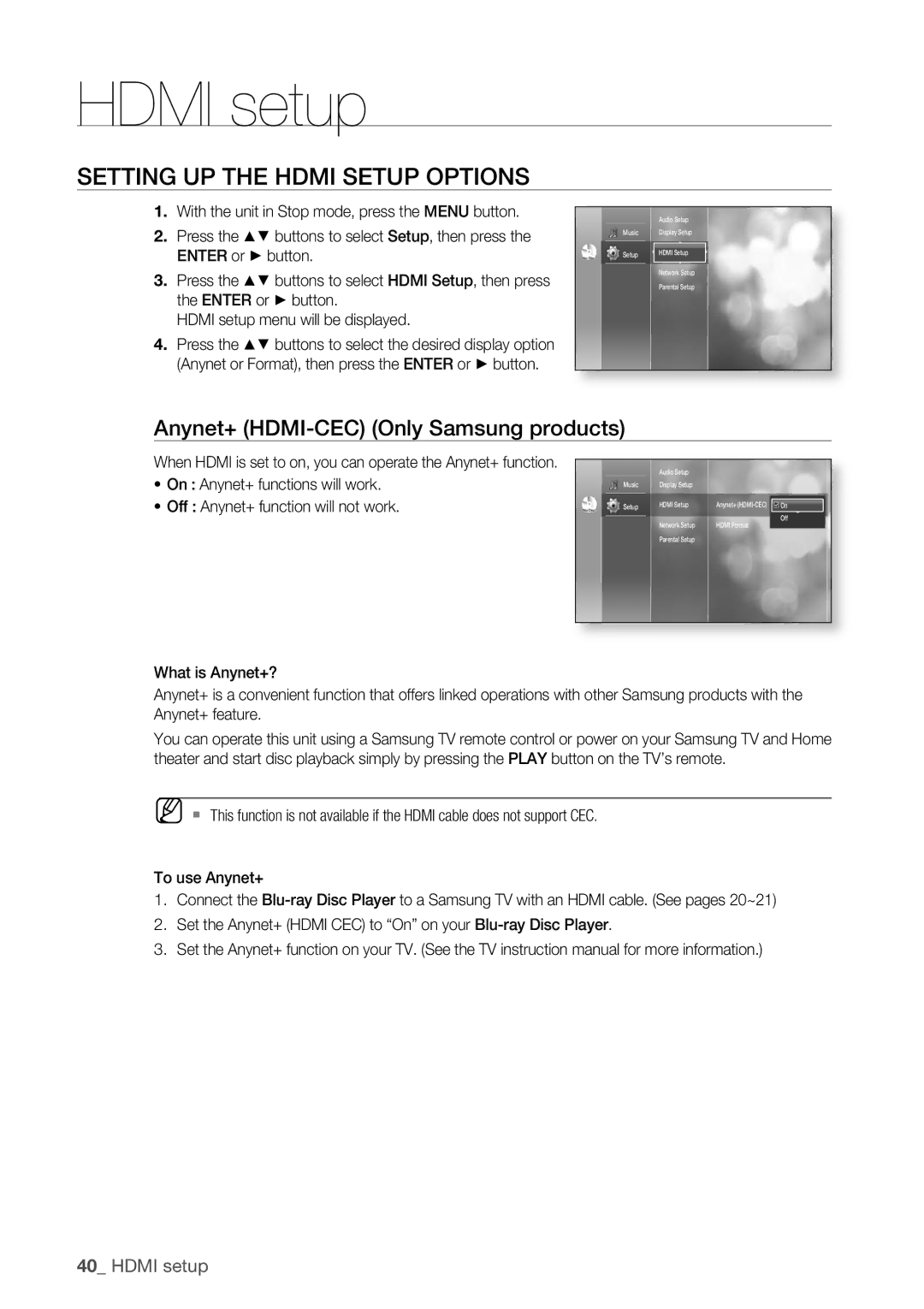 Samsung BD-P1500/XEE manual Setting up the Hdmi setup options, Anynet+ HDMI-CEC Only Samsung products 