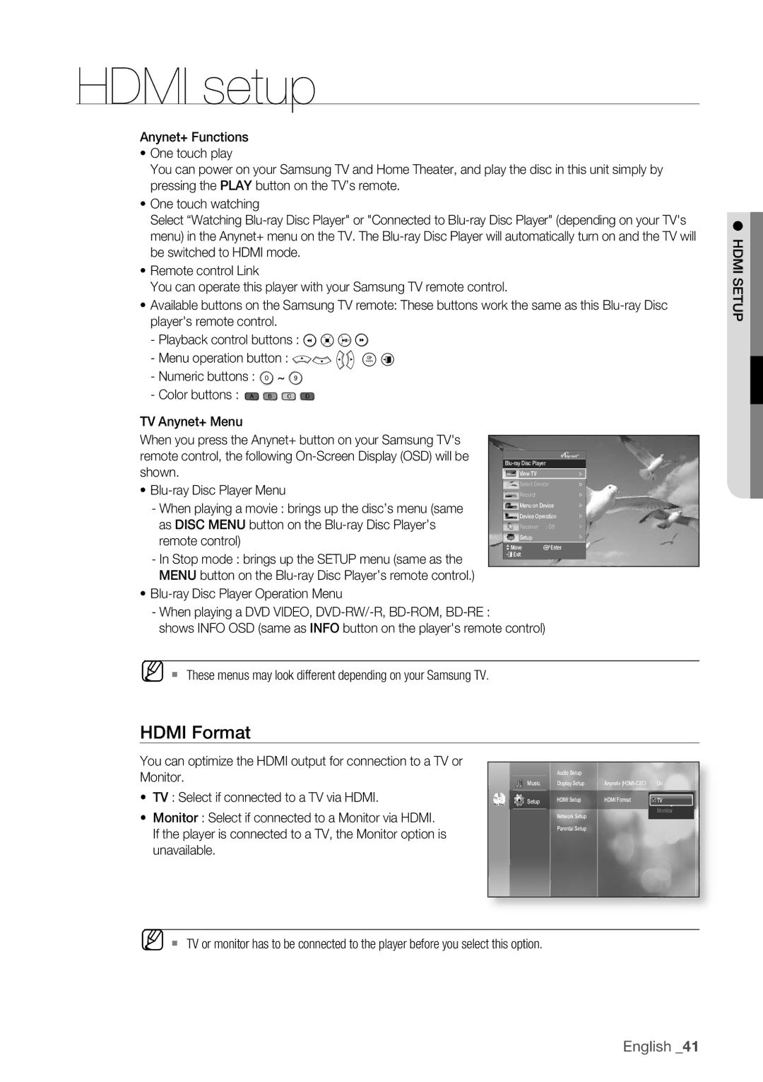 Samsung BD-P1500/XEE manual Hdmi Format, TV Anynet+ Menu 