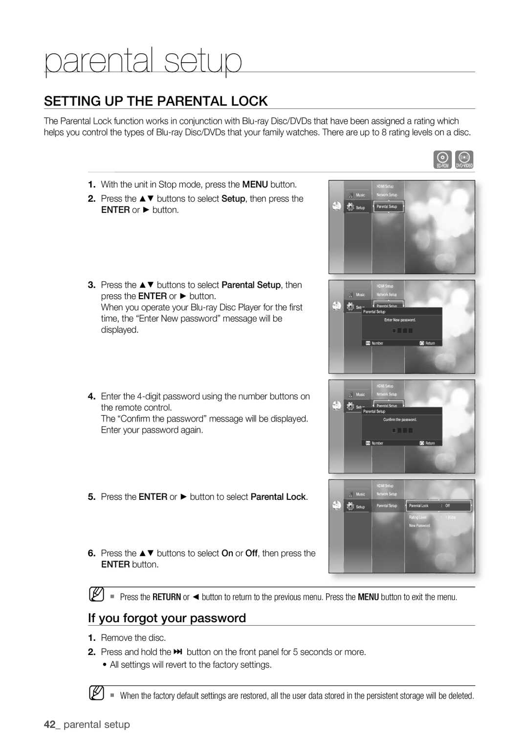 Samsung BD-P1500/XEE manual Parental setup, Setting up the Parental Lock, If you forgot your password 