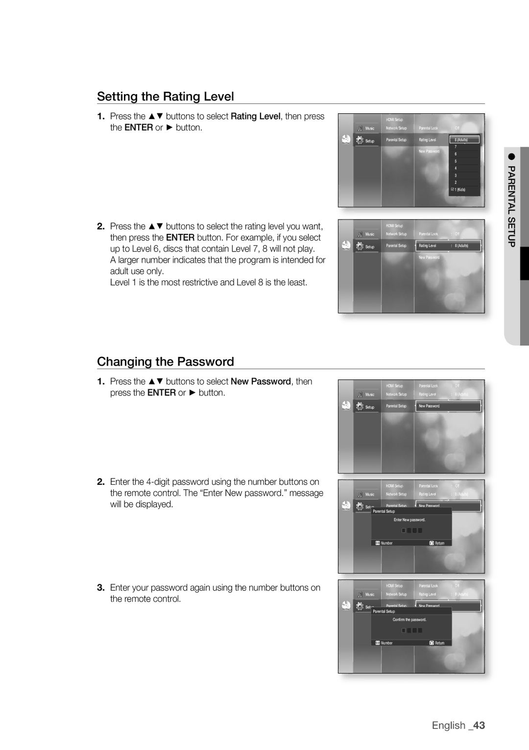 Samsung BD-P1500/XEE manual Setting the Rating Level, Changing the Password, Setup parental 