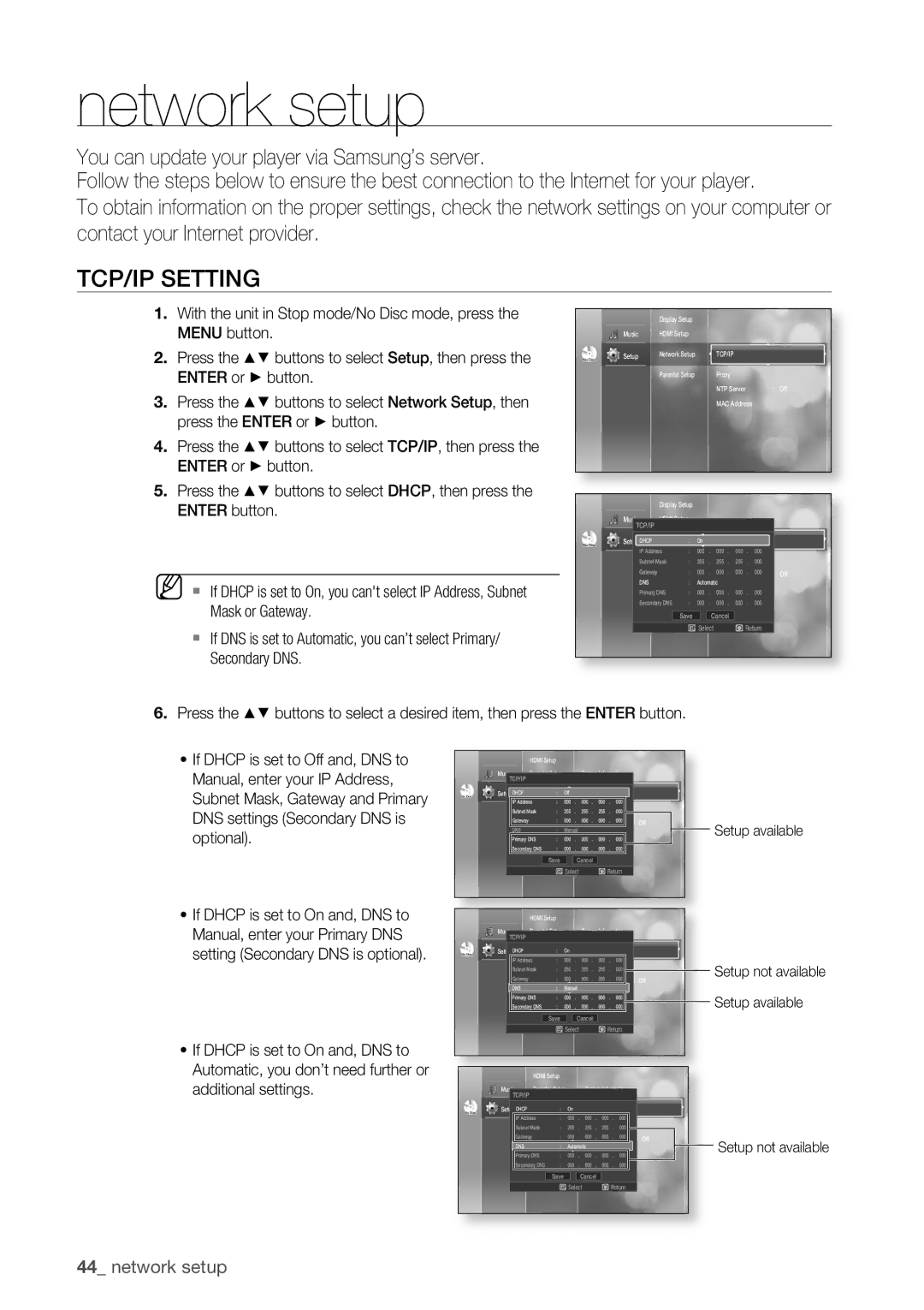 Samsung BD-P1500/XEE manual TCP/IP Setting, Manual, enter your IP Address, Optional, Additional settings 