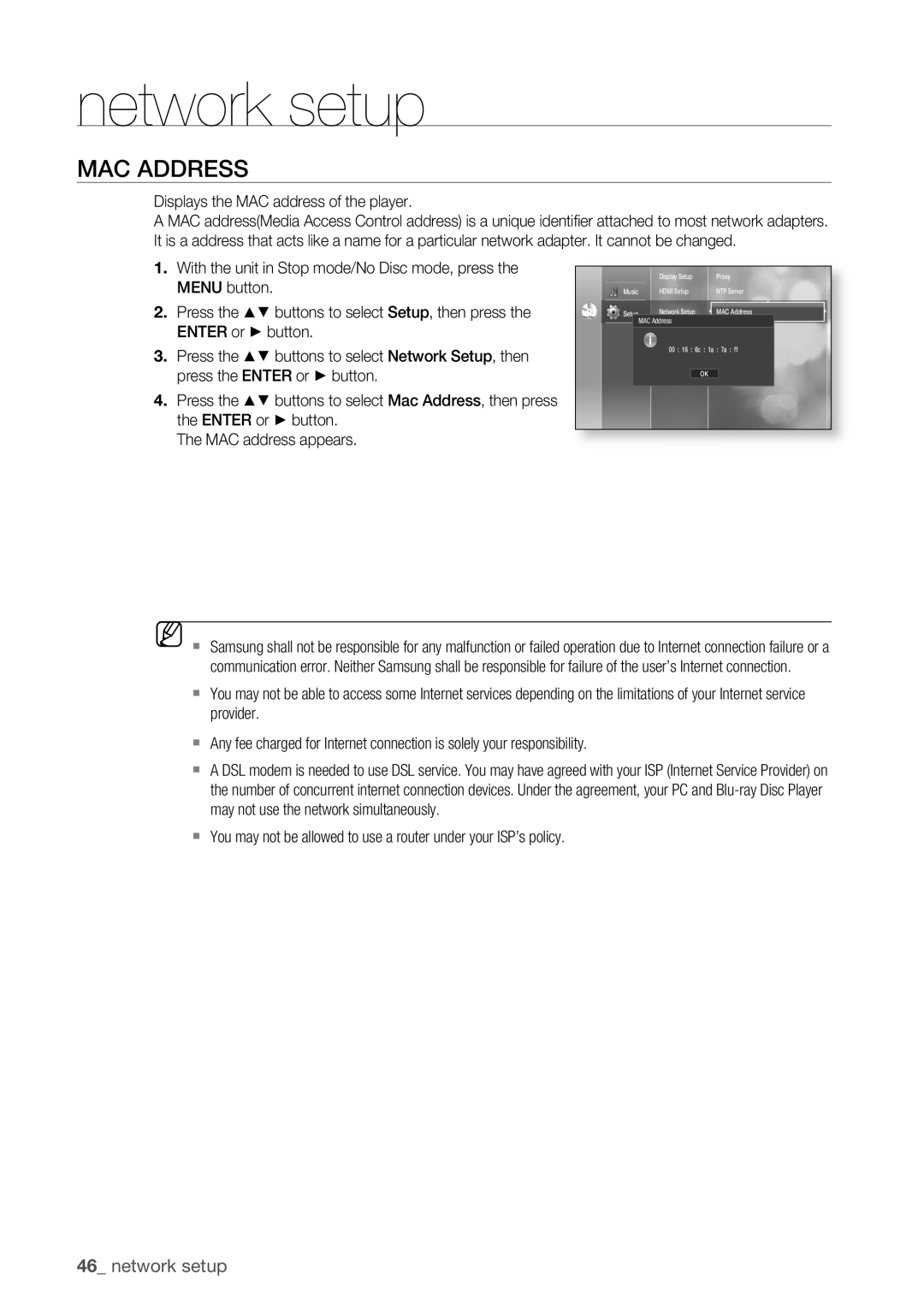 Samsung BD-P1500/XEE manual Network setup, Mac Address, Displays the MAC address of the player 