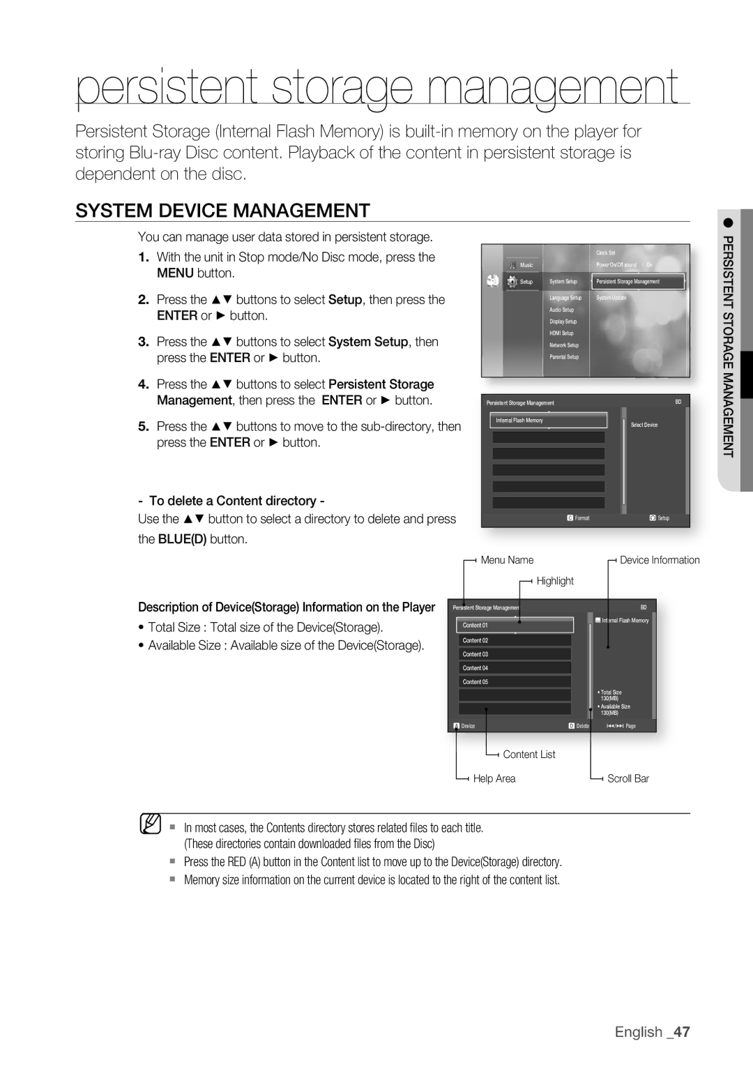 Samsung BD-P1500/XEE manual System Device Management, ~ Total Size Total size of the DeviceStorage 