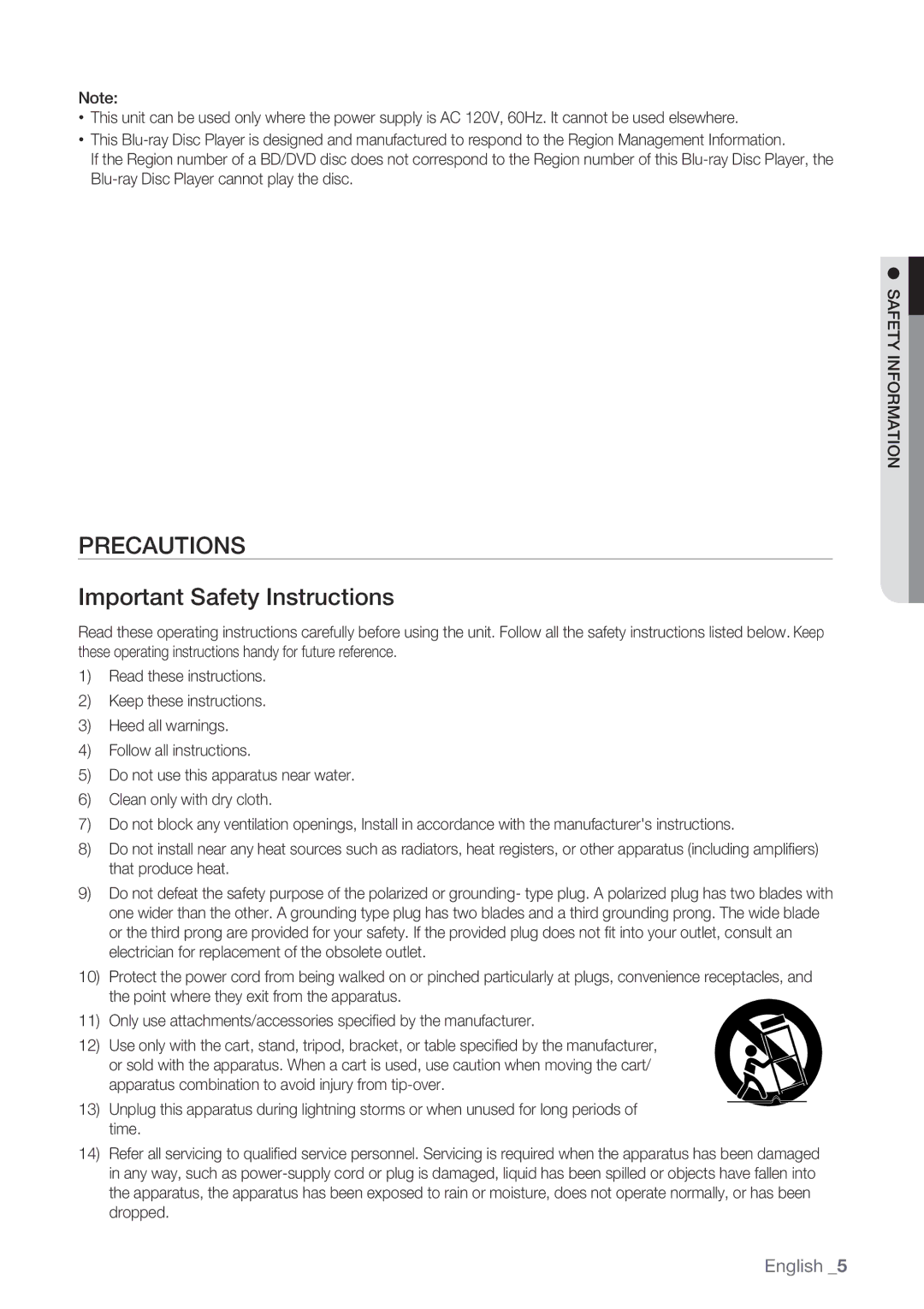 Samsung BD-P1500/XEE manual Precautions, Important Safety Instructions 