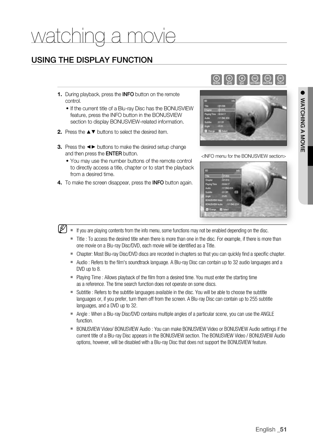 Samsung BD-P1500/XEE manual Watching a movie, Using the Display Function 