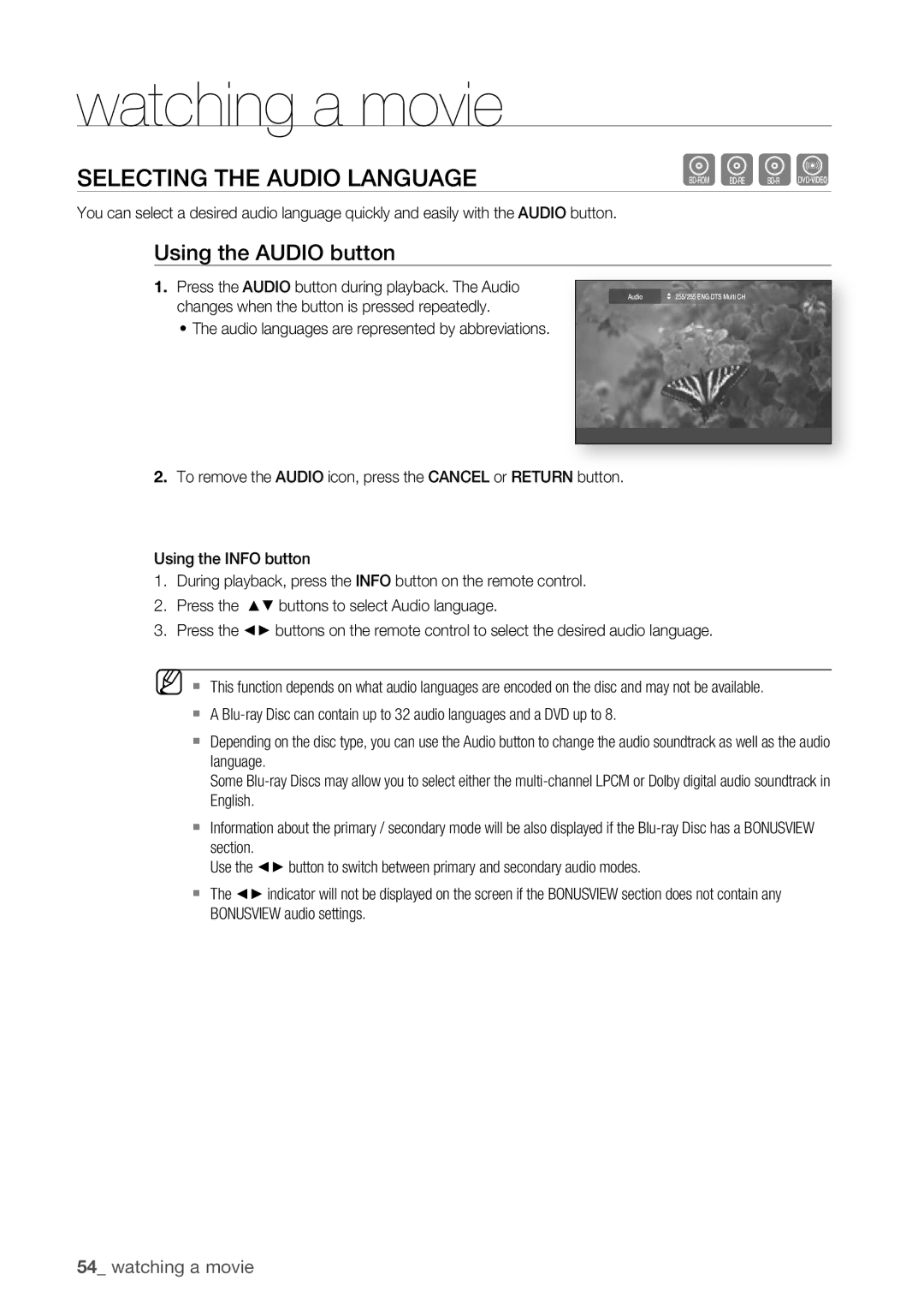 Samsung BD-P1500/XEE manual Selecting the Audio Language, Using the Audio button 