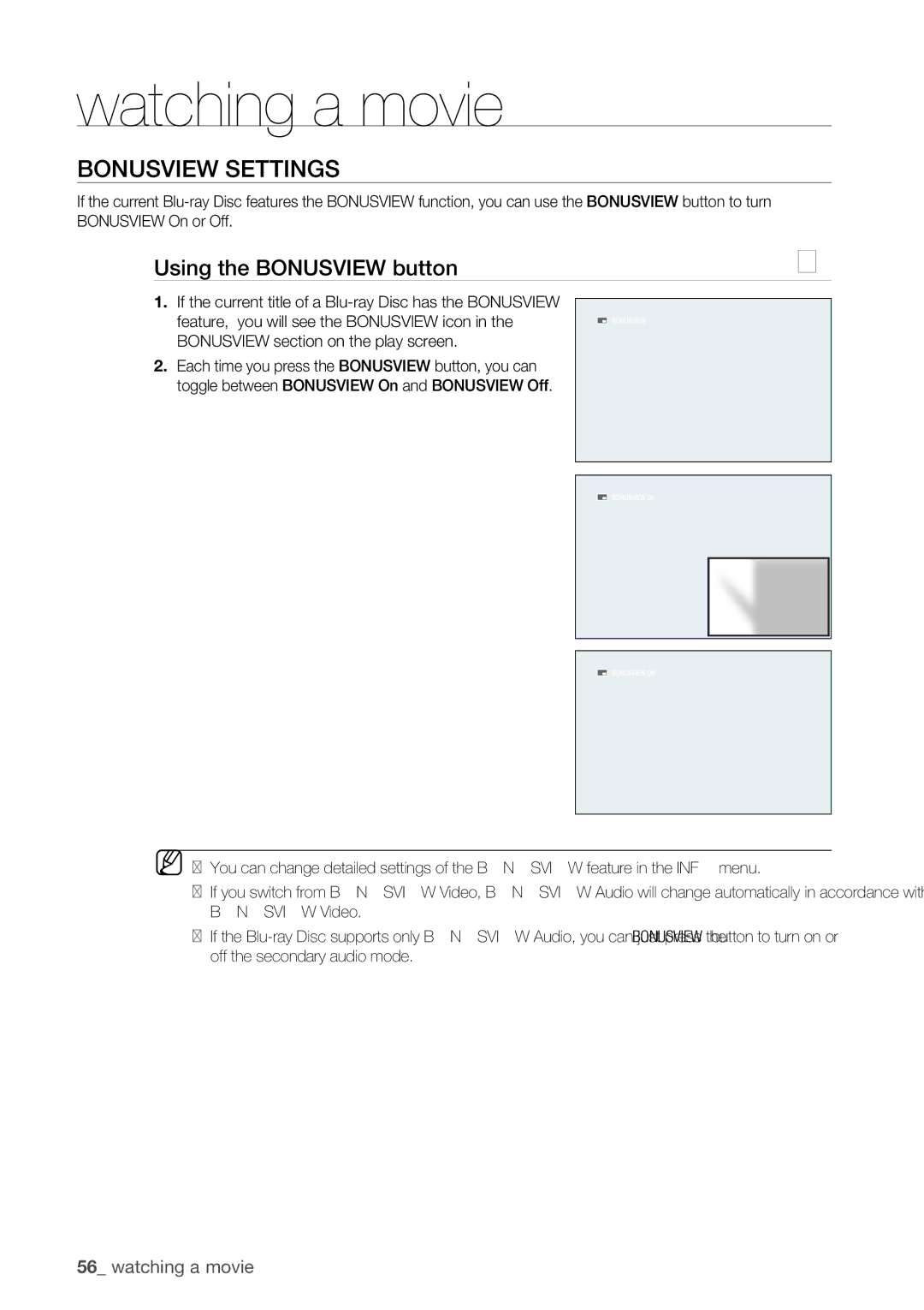 Samsung BD-P1500/XEE manual Bonusview Settings, Using the Bonusview button, Bonusview section on the play screen 