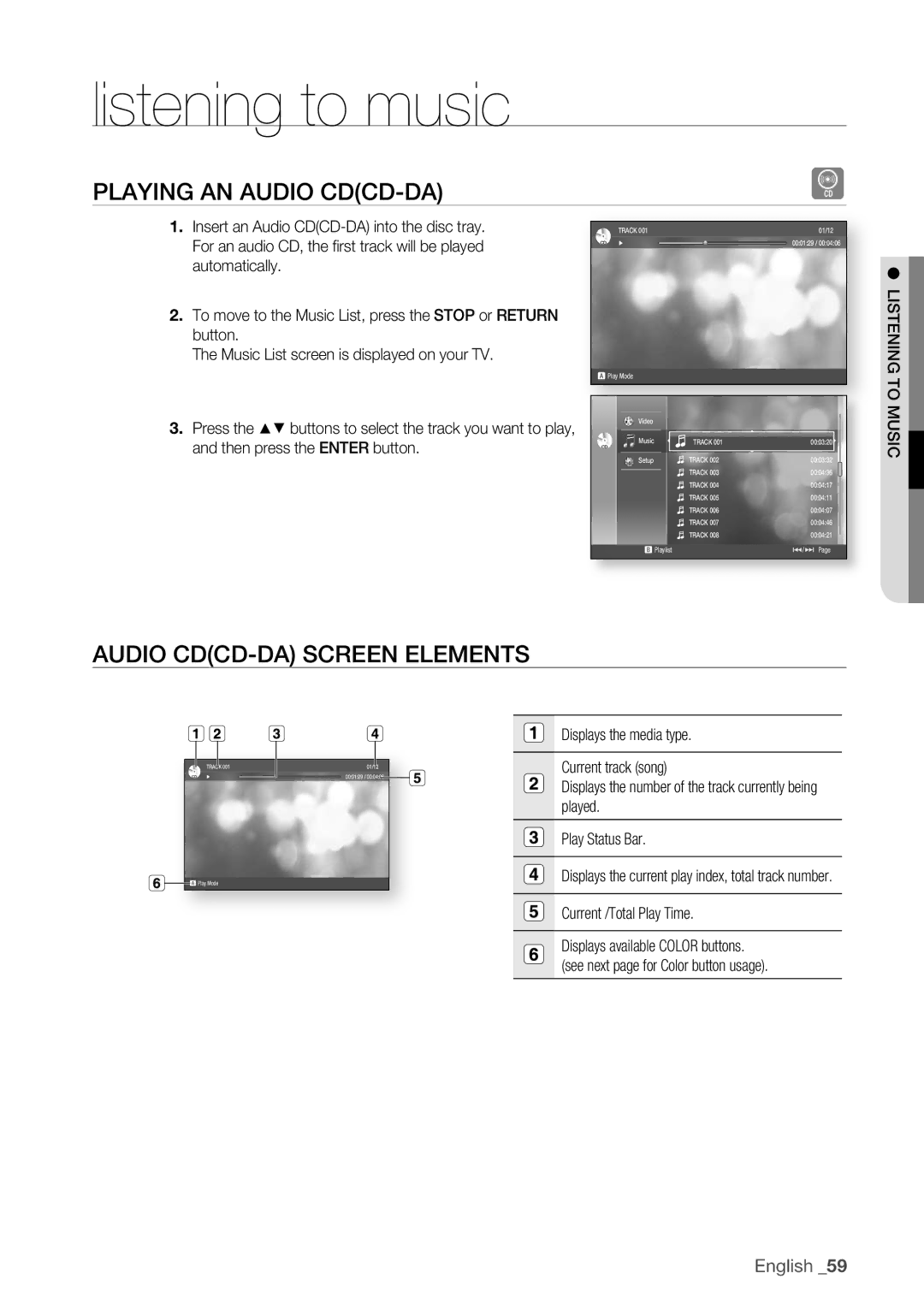 Samsung BD-P1500/XEE Listening to music, Playing an Audio CDCD-DA, Audio CDCD-DA Screen Elements, Current /Total Play Time 