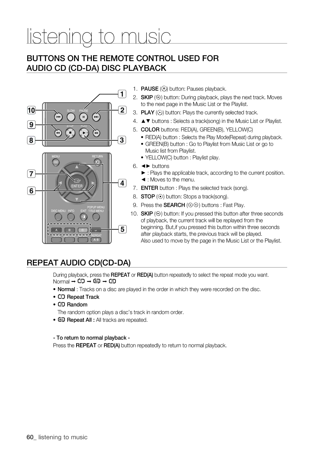 Samsung BD-P1500/XEE manual Repeat Audio CDCD-DA 