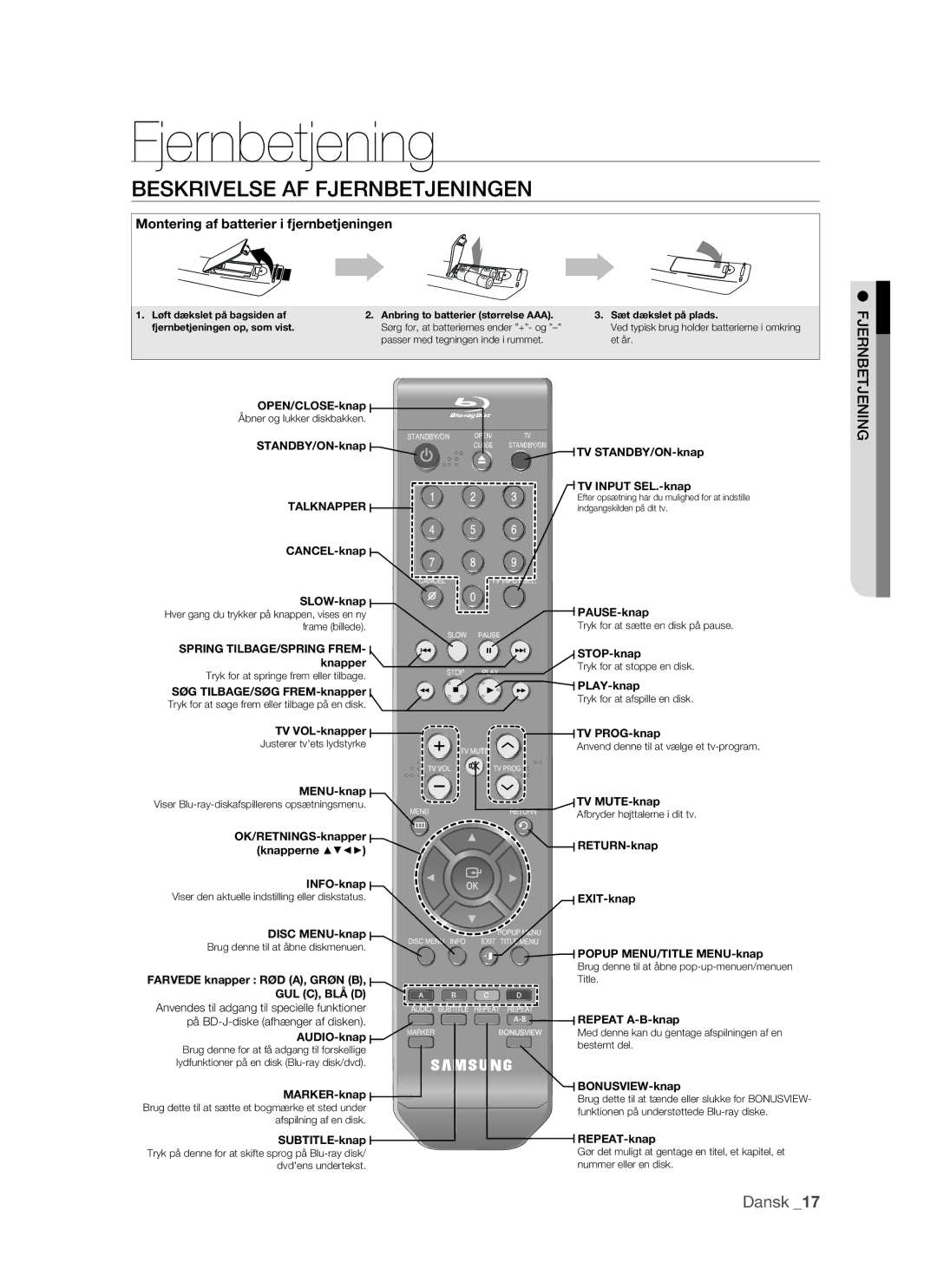 Samsung BD-P1500/XEE manual Beskrivelse AF Fjernbetjeningen 