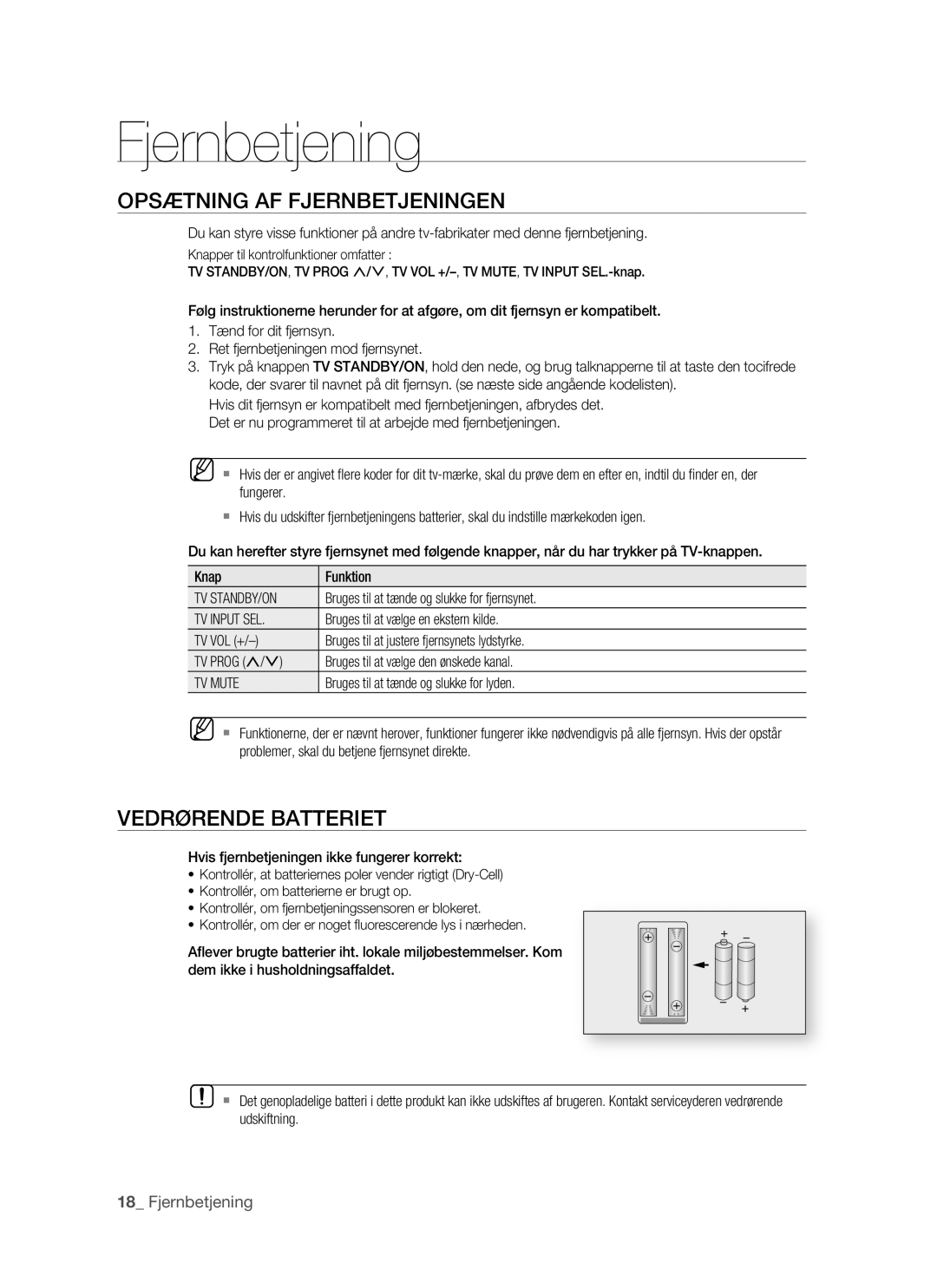 Samsung BD-P1500/XEE manual Opsætning AF Fjernbetjeningen, Vedrørende Batteriet 