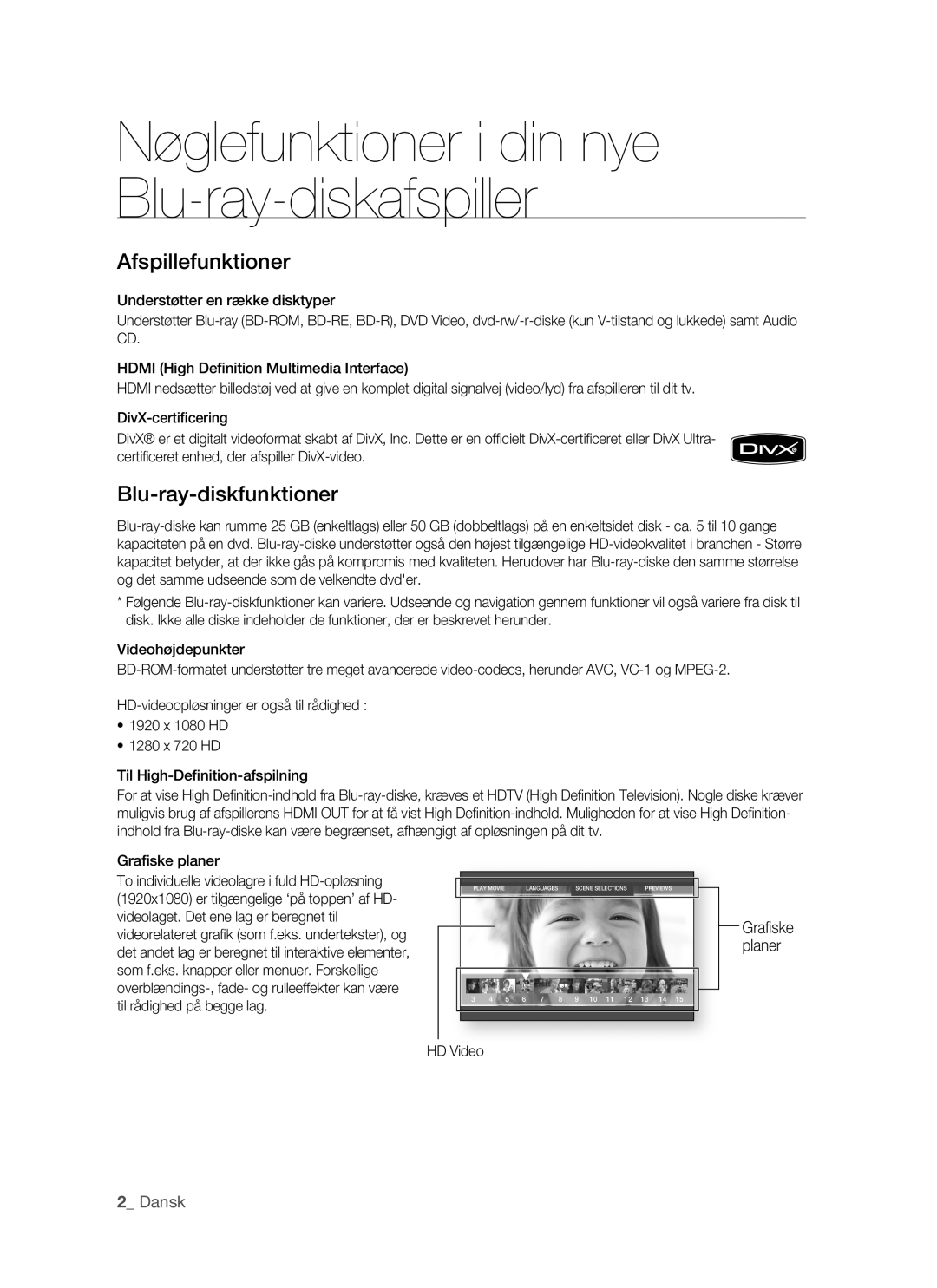 Samsung BD-P1500/XEE manual Dansk, Graﬁske planer, Grafiske planer HD Video 