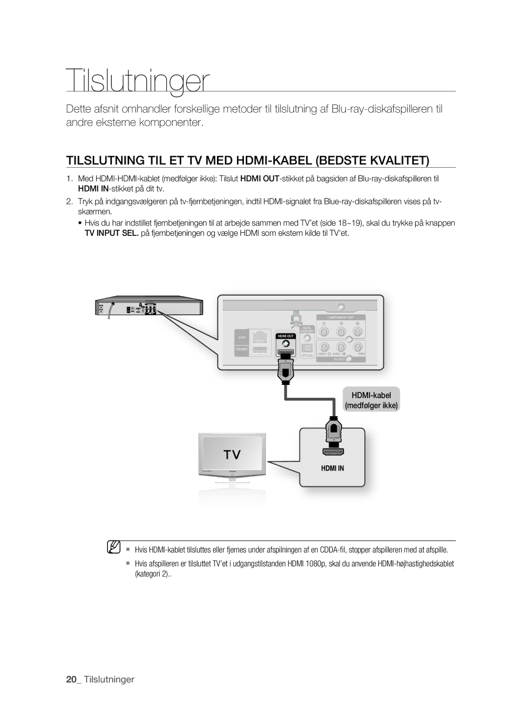 Samsung BD-P1500/XEE manual Tilslutninger, Tilslutning TIL ET TV MED HDMI-KABEL Bedste Kvalitet, HDMI-kabel Medfølger ikke 