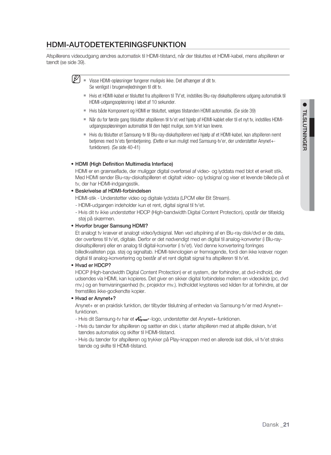 Samsung BD-P1500/XEE manual Hdmi-Autodetekteringsfunktion, Tilslutninger 