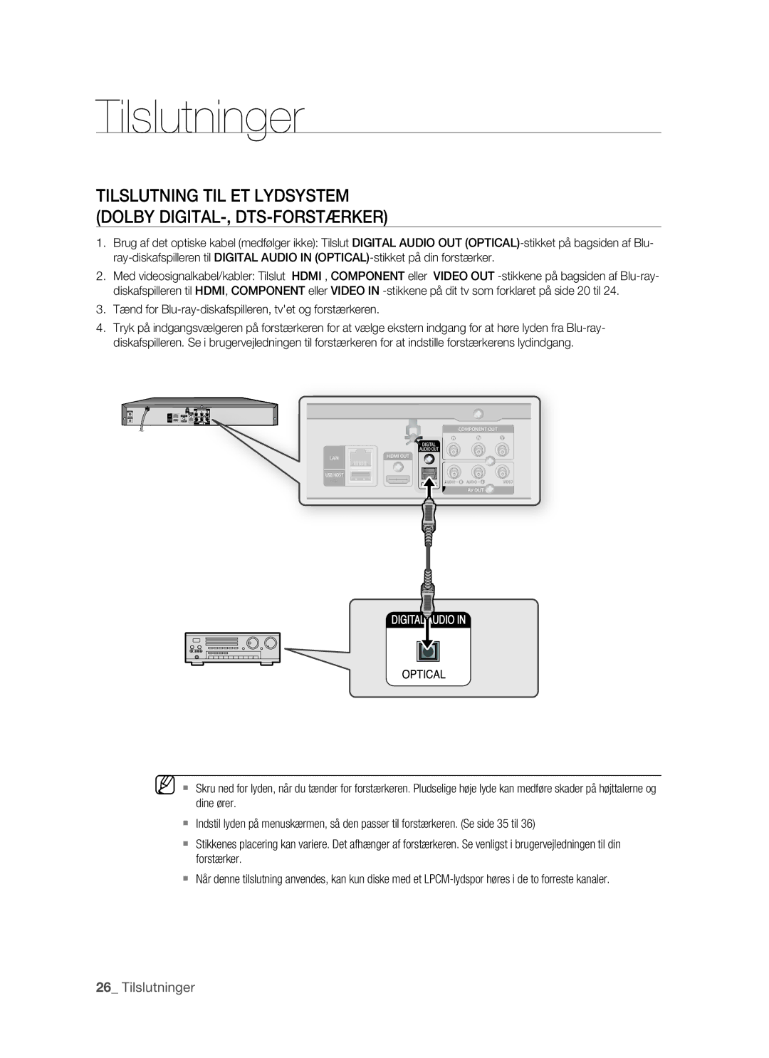 Samsung BD-P1500/XEE manual Tilslutning TIL ET Lydsystem Dolby DIGITAL-, DTS-FORSTÆRKER 