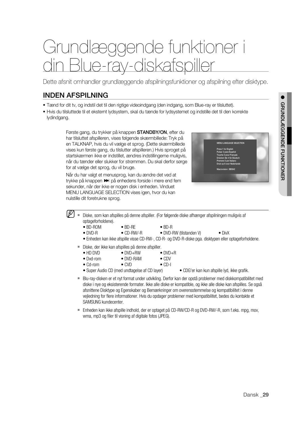 Samsung BD-P1500/XEE manual Inden Afspilning, Funktioner, Hd Dvd Dvd+Rw, Dvd-Ram Cdv, Cvd 