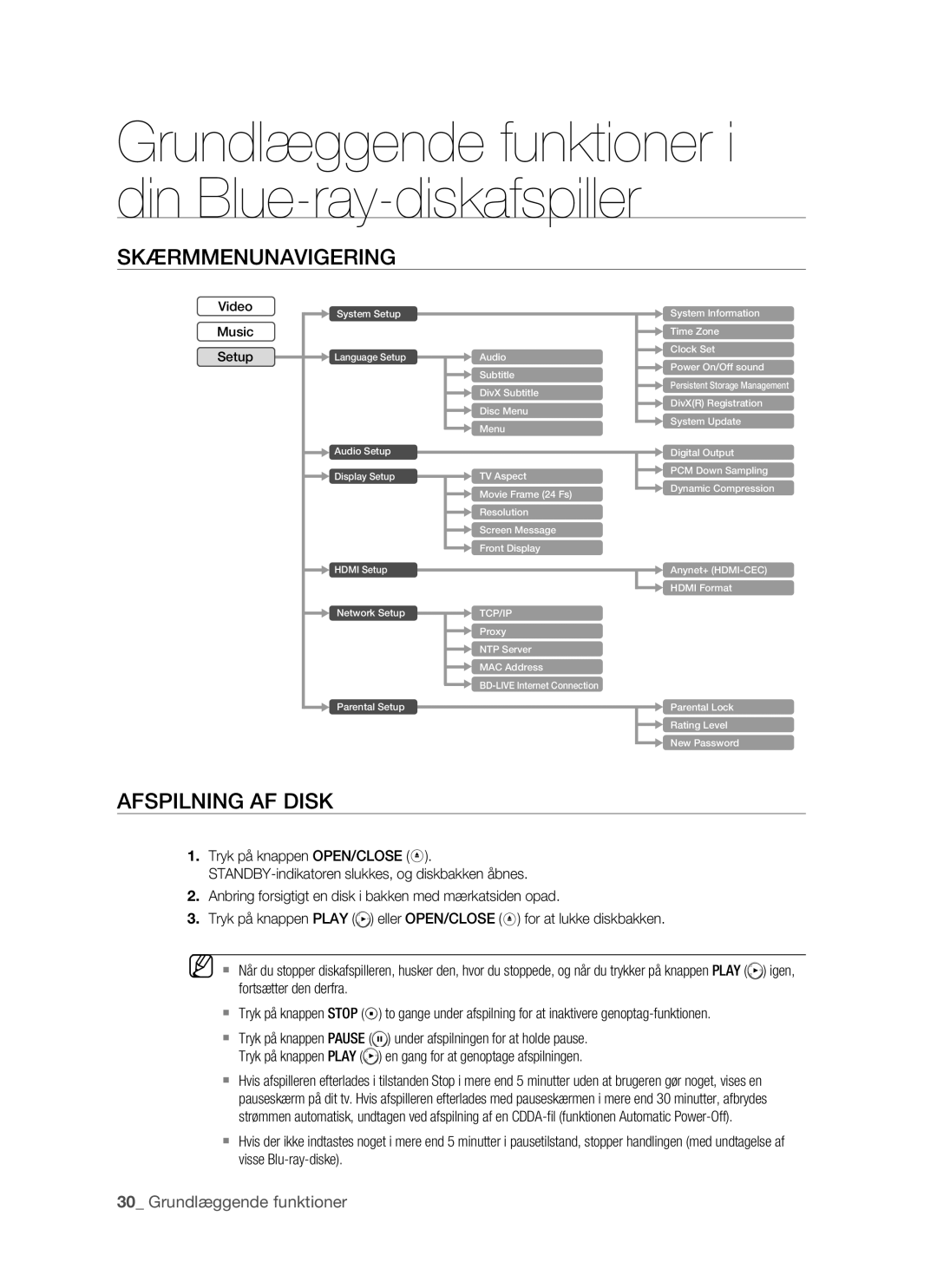 Samsung BD-P1500/XEE manual Skærmmenunavigering, Afspilning AF Disk, Grundlæggende funktioner 